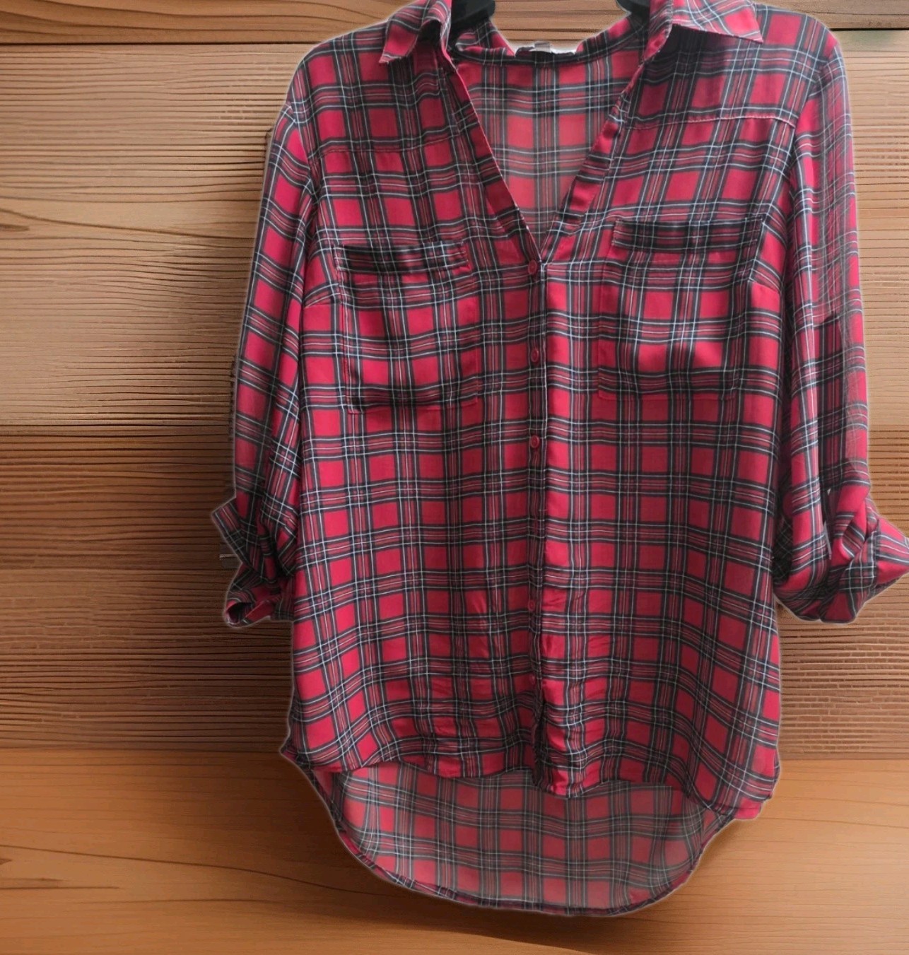 Express The Portofino M Shirt Red Black White Checks Top Button Up Blouse NWOT