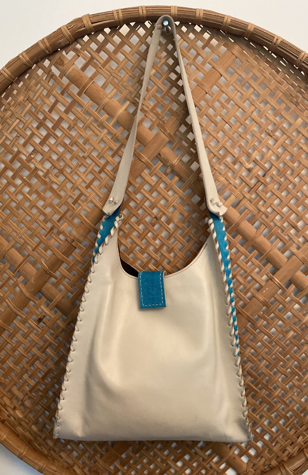 Divine Tribe by Chad Ypon Leather Shoulder Messenger Bag Beige/Turquoise RARE