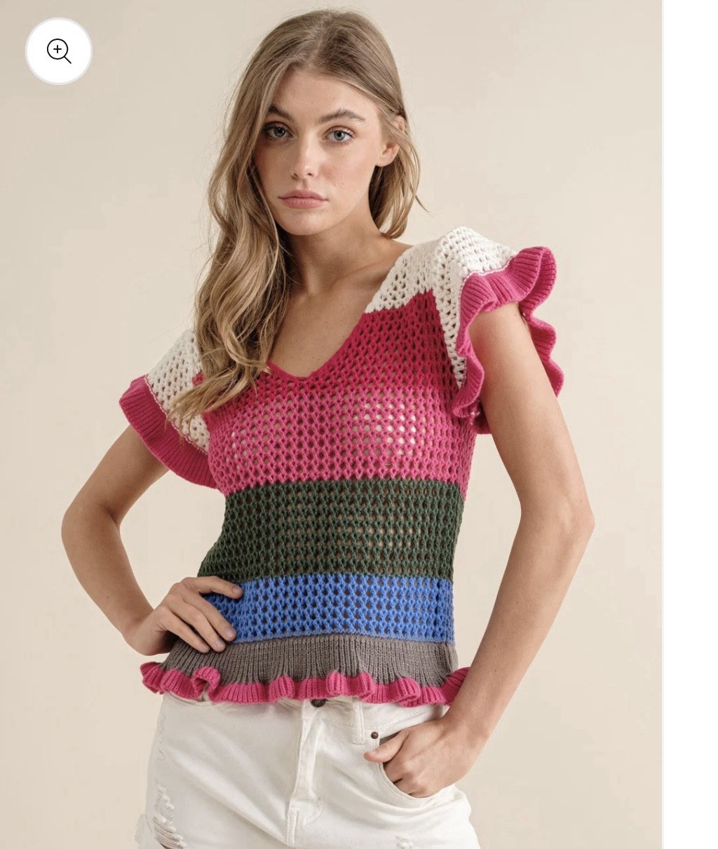 Blue B Crochet Ruffle Knit Sweater Pink Size Small