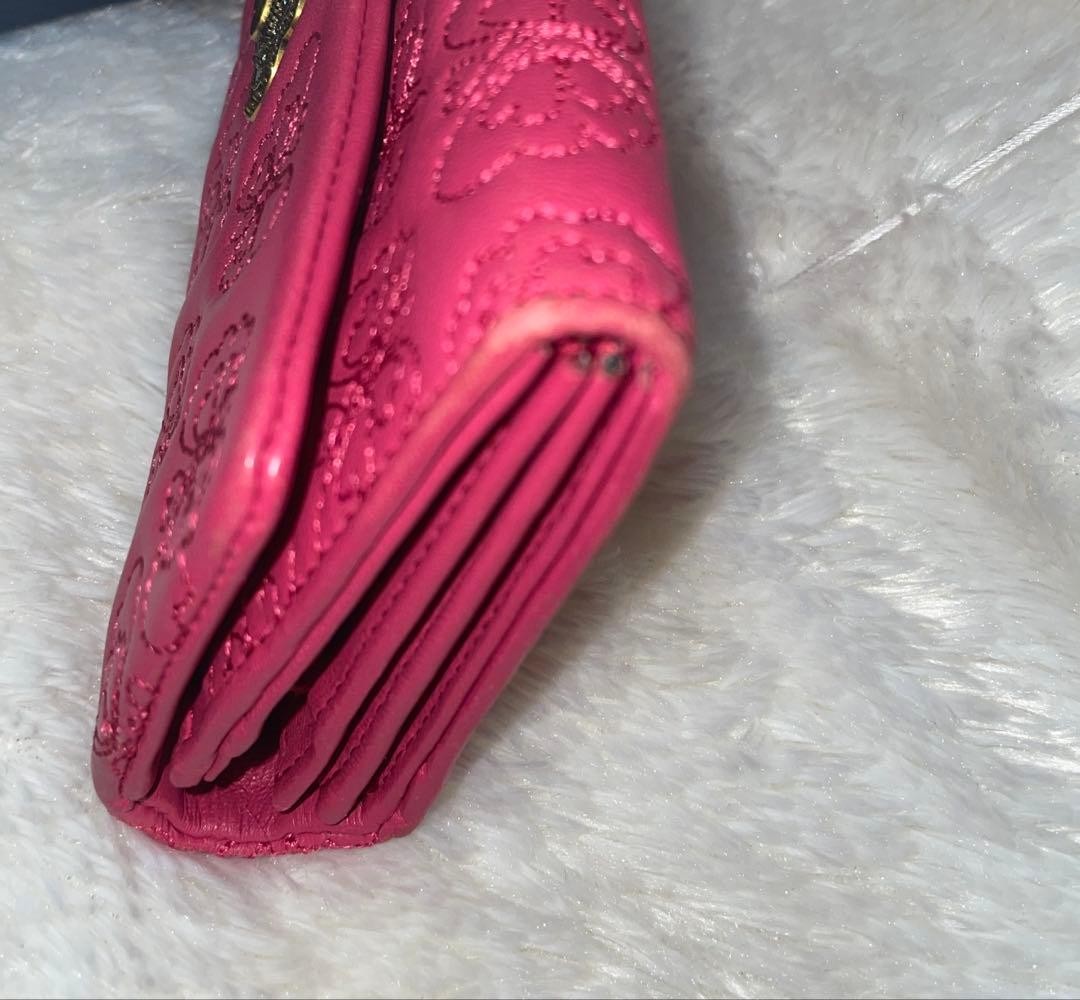 ANNA SUI Butterfly Embossed Long Wallet Pink Heart Charm 20cm 7.9in Used