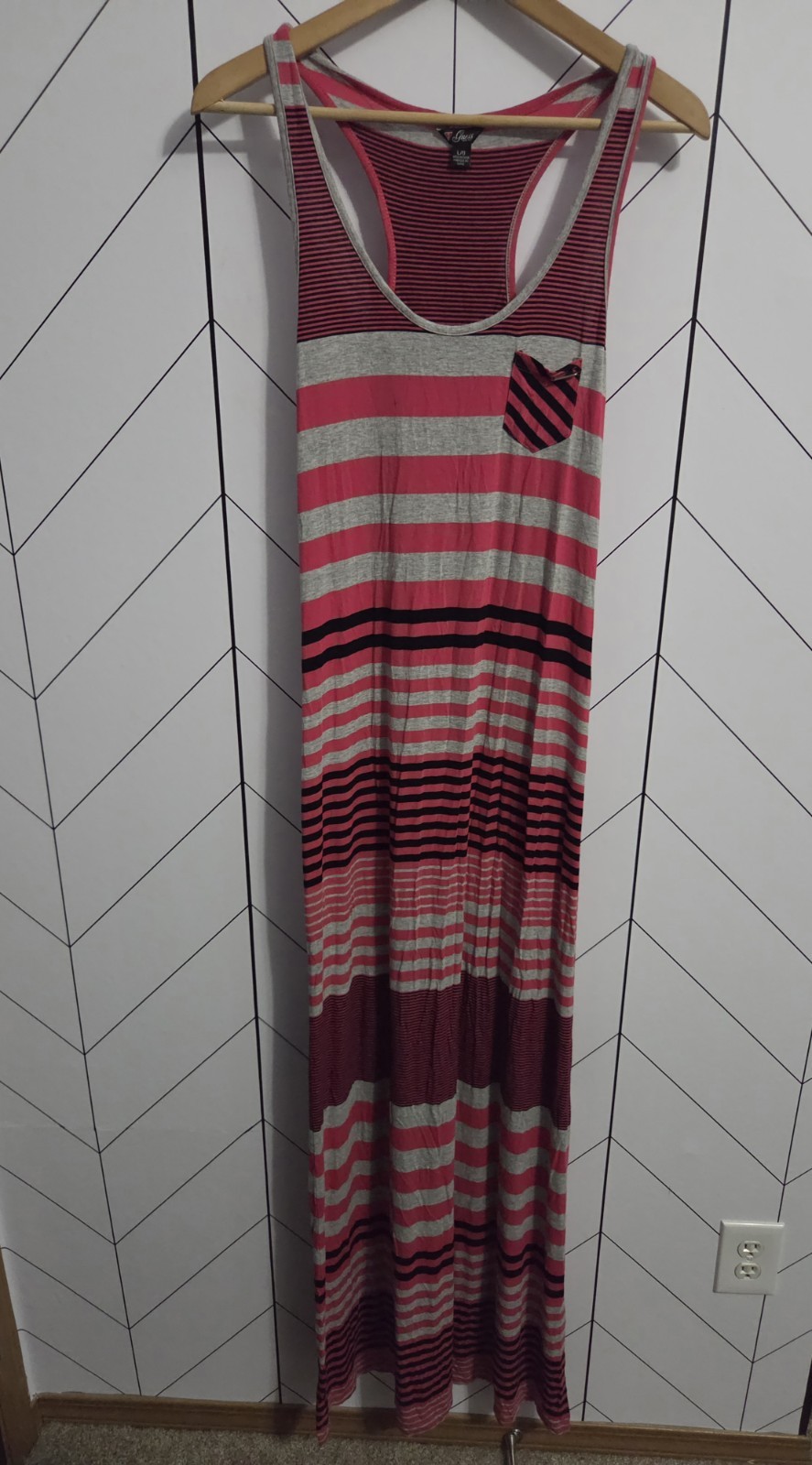 GUESS Racerback Tank Maxi Dress Magenta, Grey & Black Stripe, Size Large