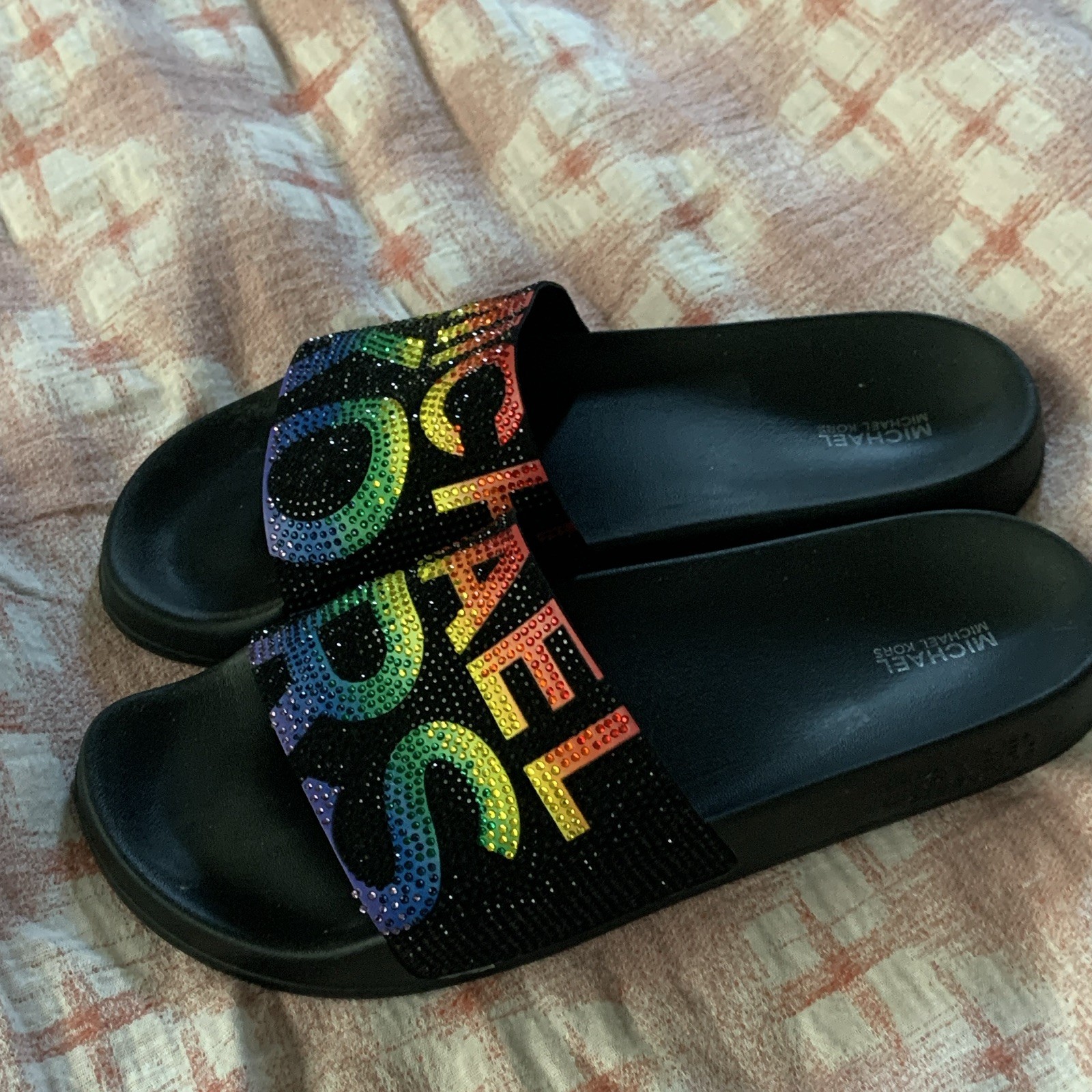 Rainbow Michael Kors Women’s Slide Sandals Black/Multi Logo Rhinestone size 9/10