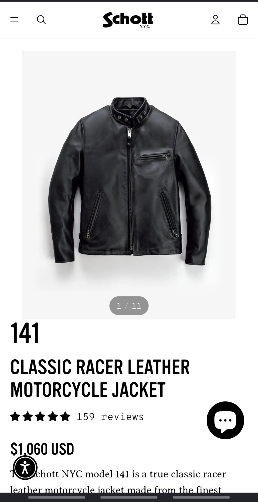 Schott 141 Size 42 Black Leather Cafe Racer Jacket Cowhide Made In USA
