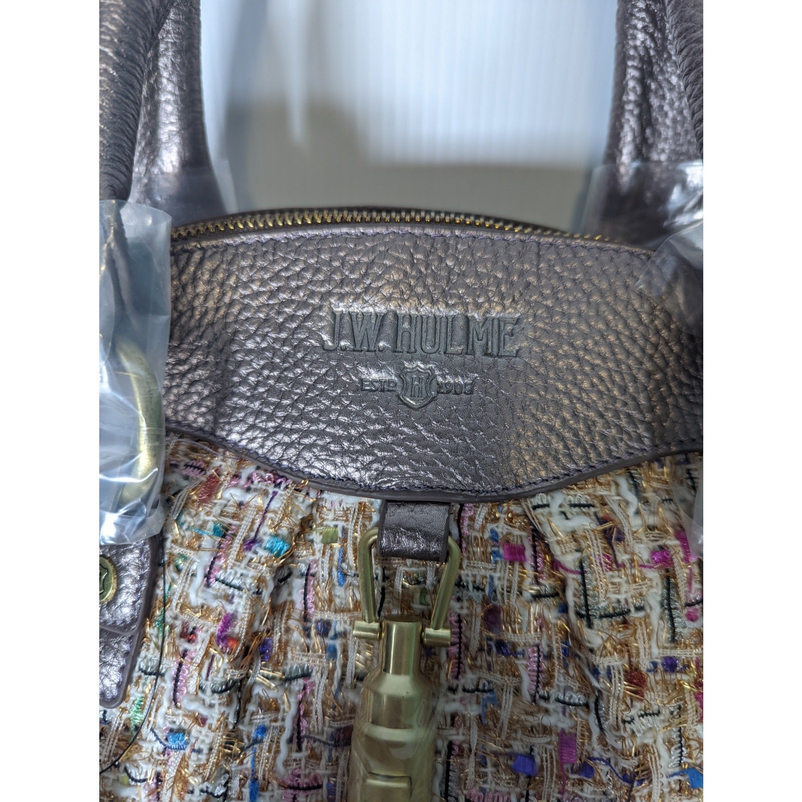 JW Hulme Maureen Satchel Bag Tweed & Leather Dome Top Handle Pewter Accents NWT