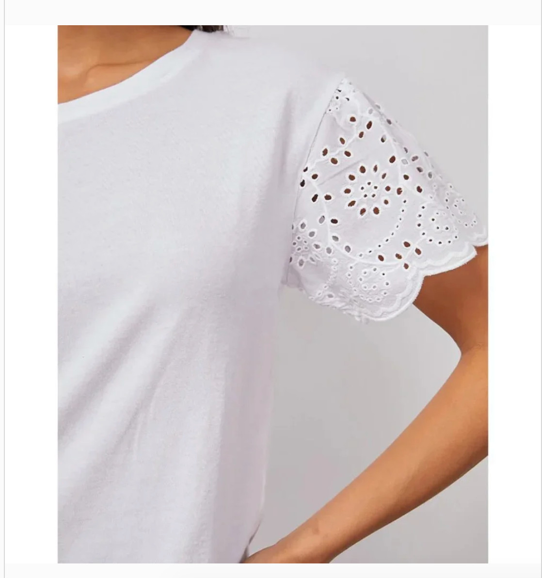 Rails Georgia White Eyelet Embroidered Sleeve Cotton Tee Shirt Top Size Small