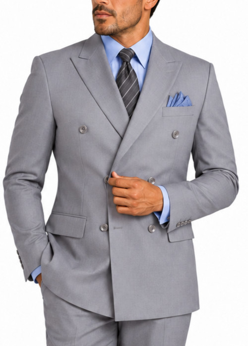 Vinci Men Light Gray Solid Color Double Breasted Regular Fit Suit Elastic Waist