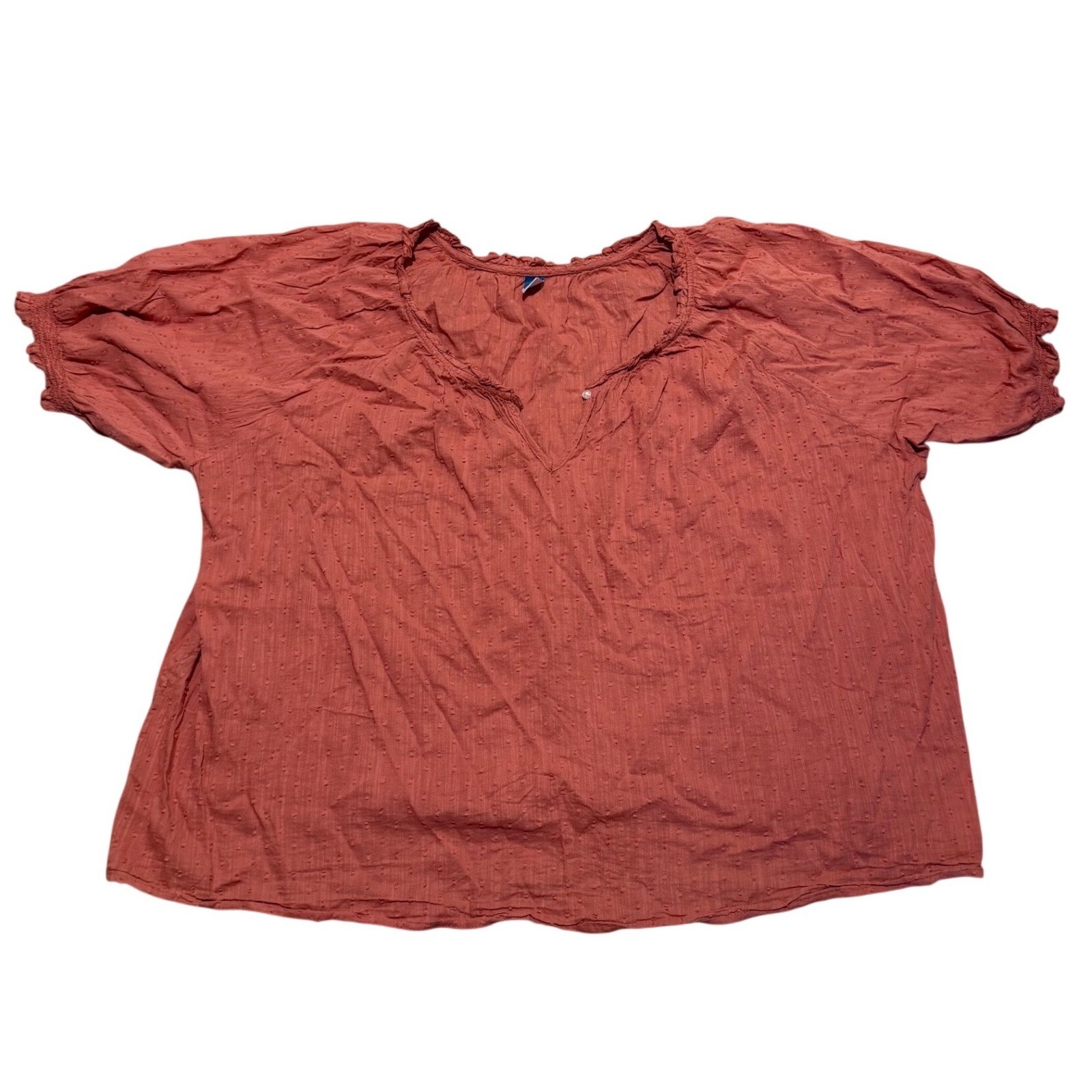 Old Navy Terracotta Rust Clip Dot Ruffle V-Neck Blouse Top 2X Short Sleeve