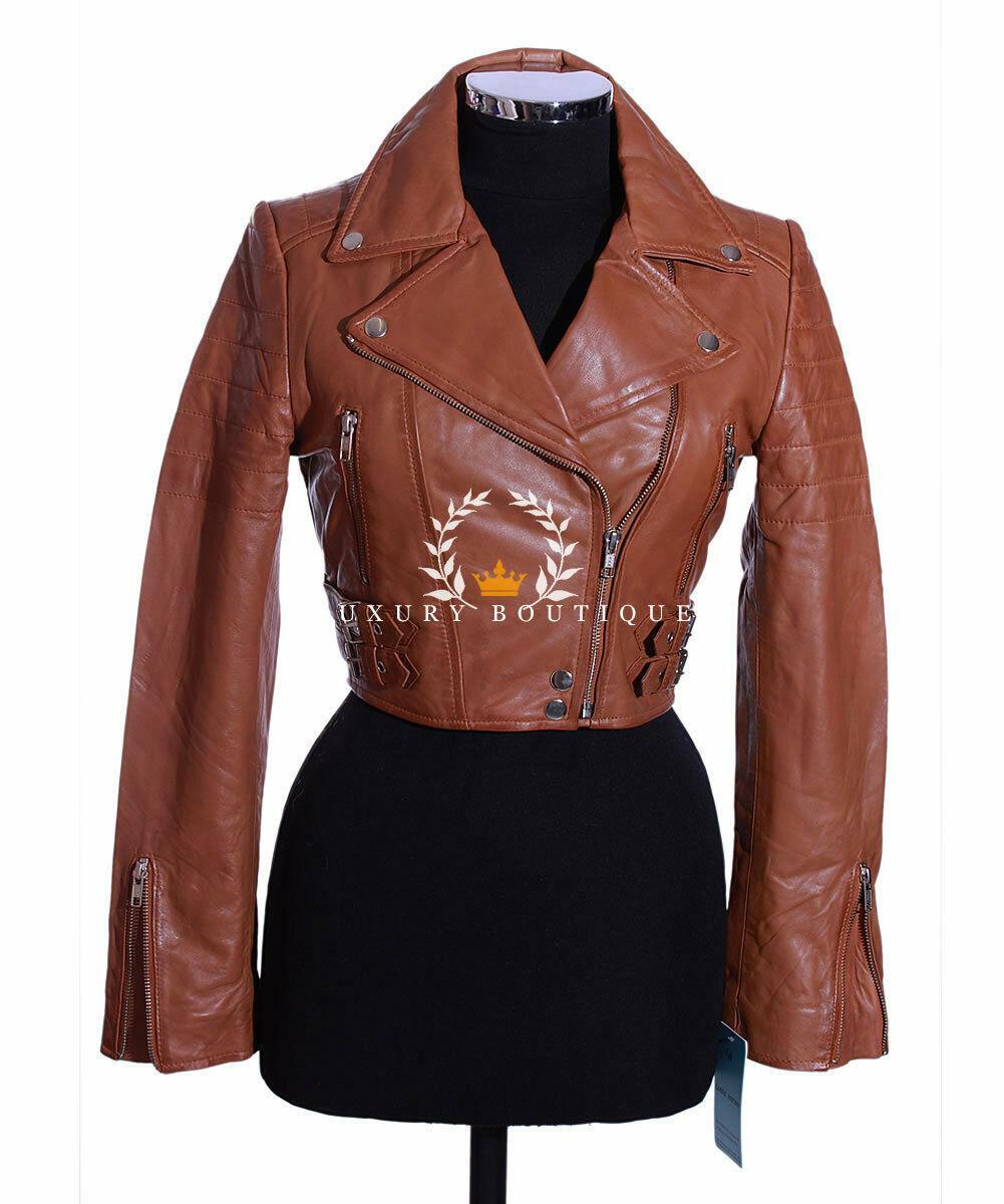Missy Tan Cropped Ladies Biker Fashion Real Lambskin Nappa Leather Short Jacket