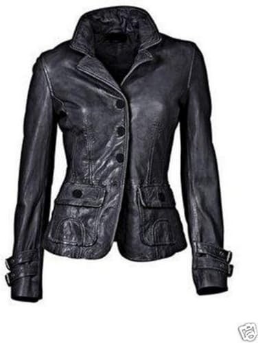 Women’s Distressed Black Blazer Front Button Biker Real Cowhide Leather Jacket
