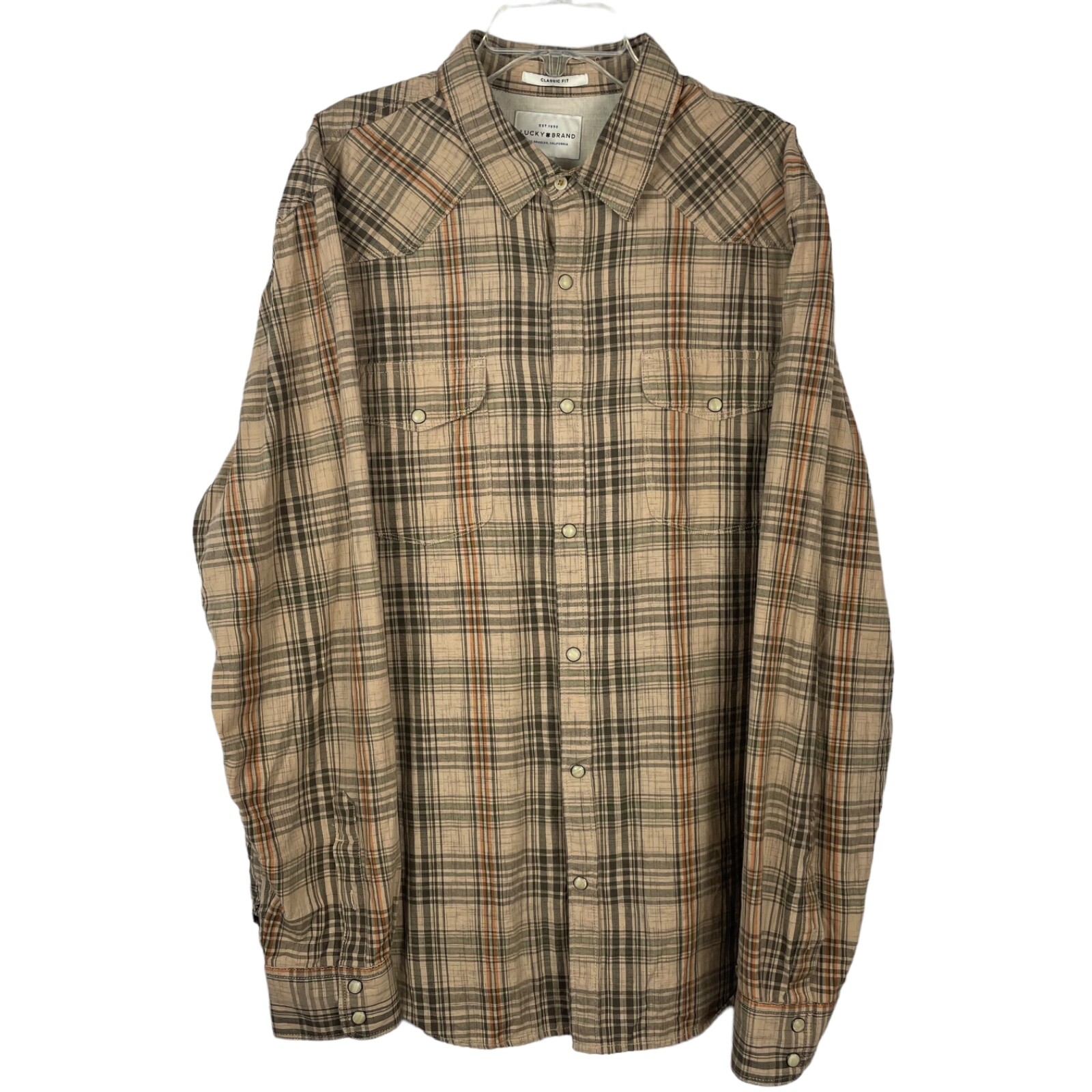 Lucky Brand Men’s Western Trucker Snap-up Shirt Tan/Black/Orange Plaid Size L