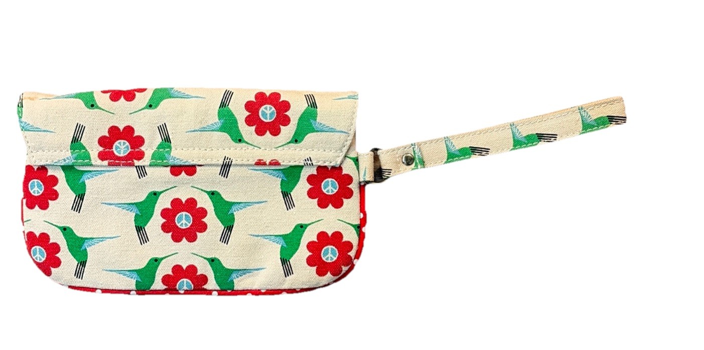 Bungalow 360 Green Hummingbird & Red Flower Print Peace Wristlet Bag Purse