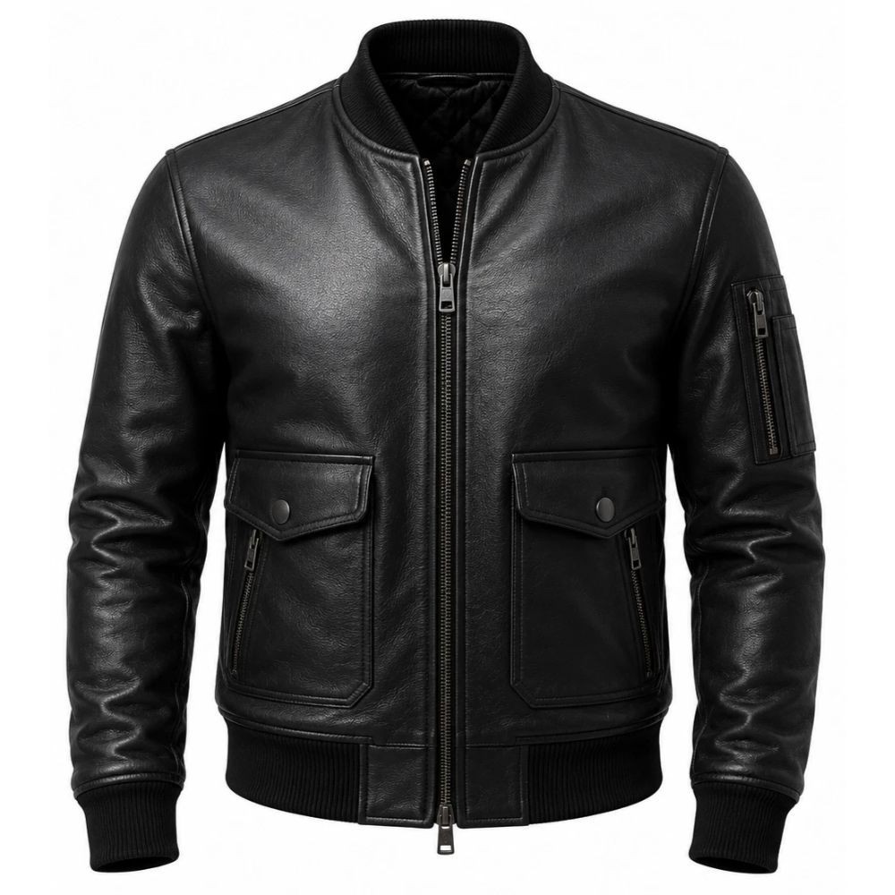 Men’s Genuine Sheepskin Leather Bomber Jacket Black Handmade Zip Up