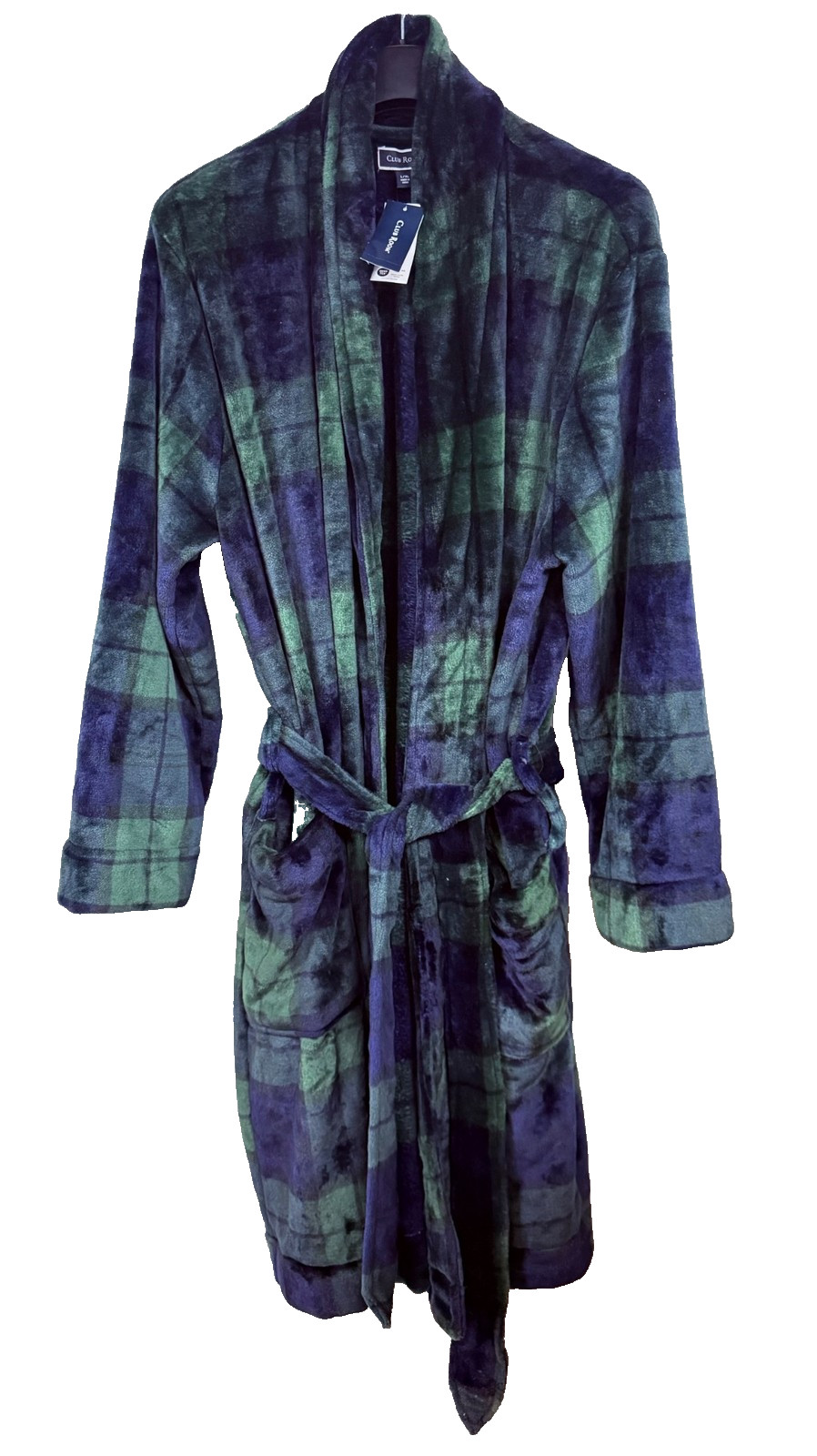 Club Room Plaid Plush Fleece Robe L/XL Navy Hunter Green Cozy Loungewear New