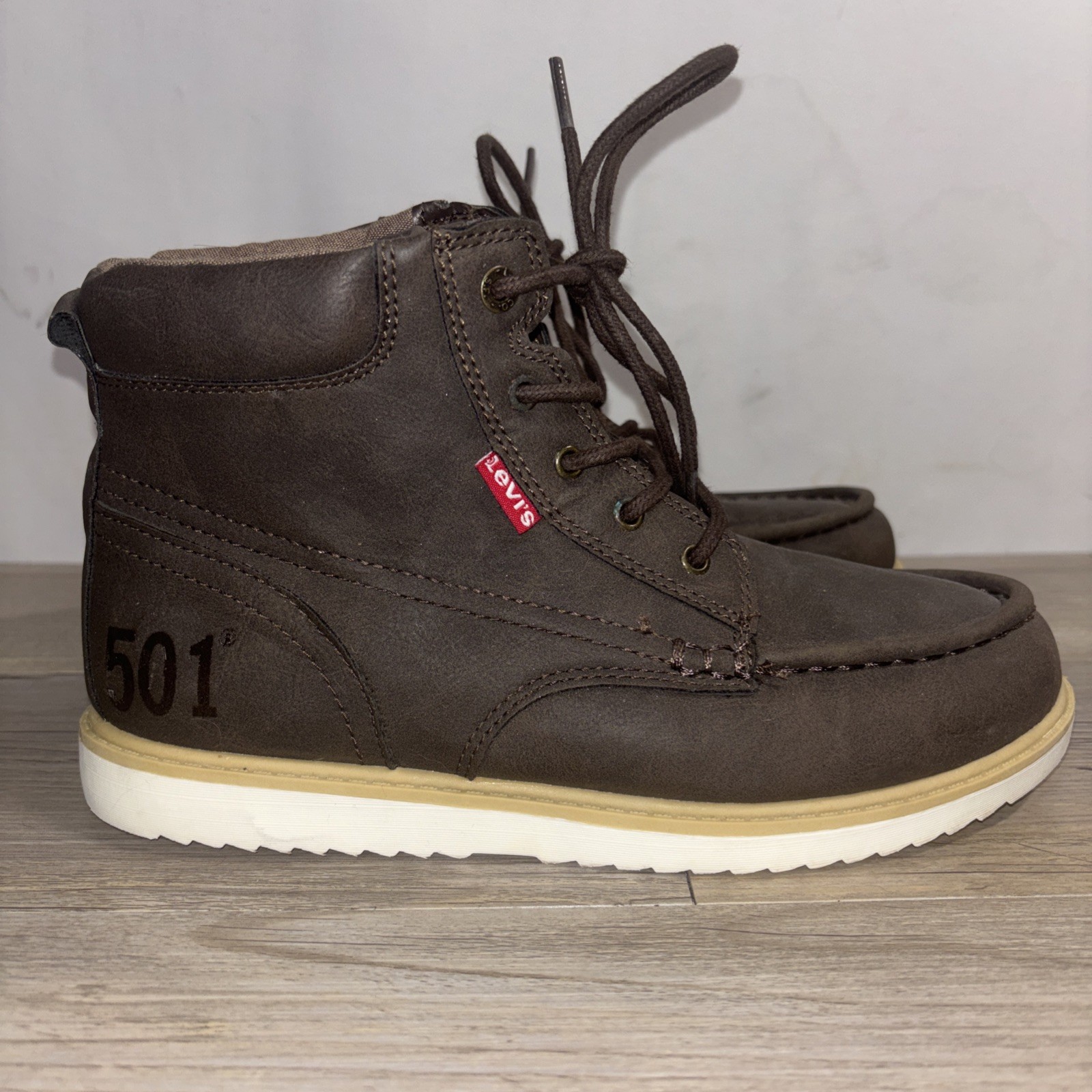 Levis 501 Boots Kids Boys 5 Ankle Boots Brown Faux Leather Lace Comfort Trendy