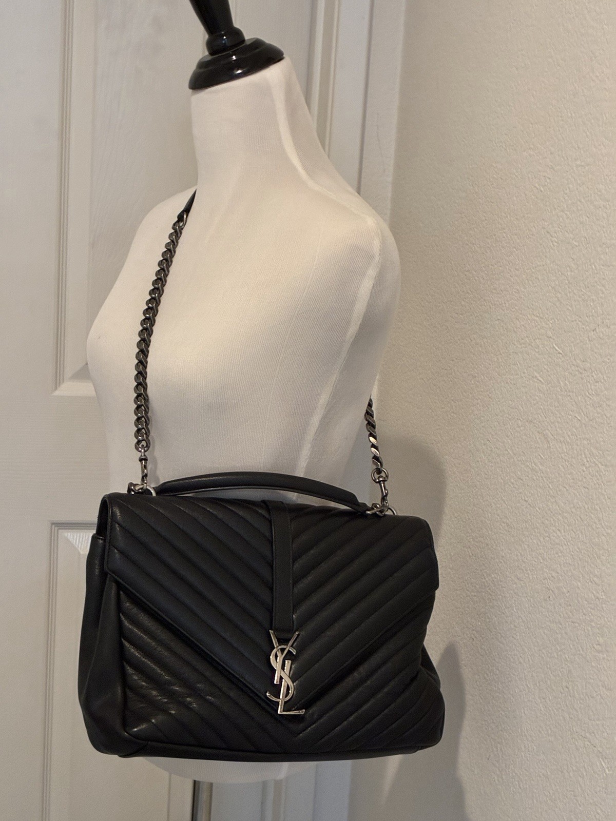 Saint Laurent Black Crossbody Bag Silver Hardware Chain Strap YSL Logo Dust Bag