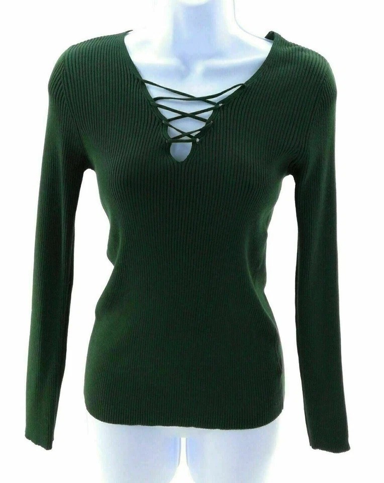 Ambiance Apparel Juniors Large Emerald Green Lace Up Ribbed Knit Sweater Top