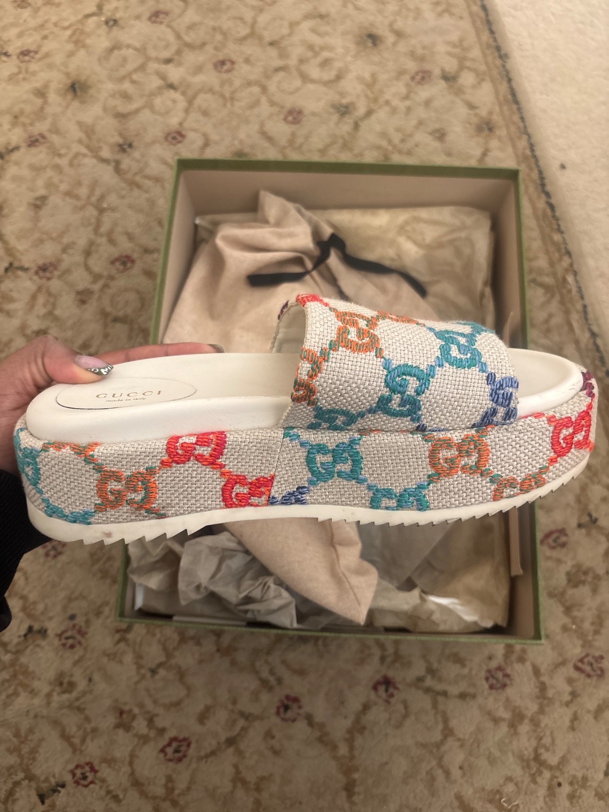 Gucci Angelina Multicolor GG Logo Platform Slides Sandals Women’s 9 EU 39