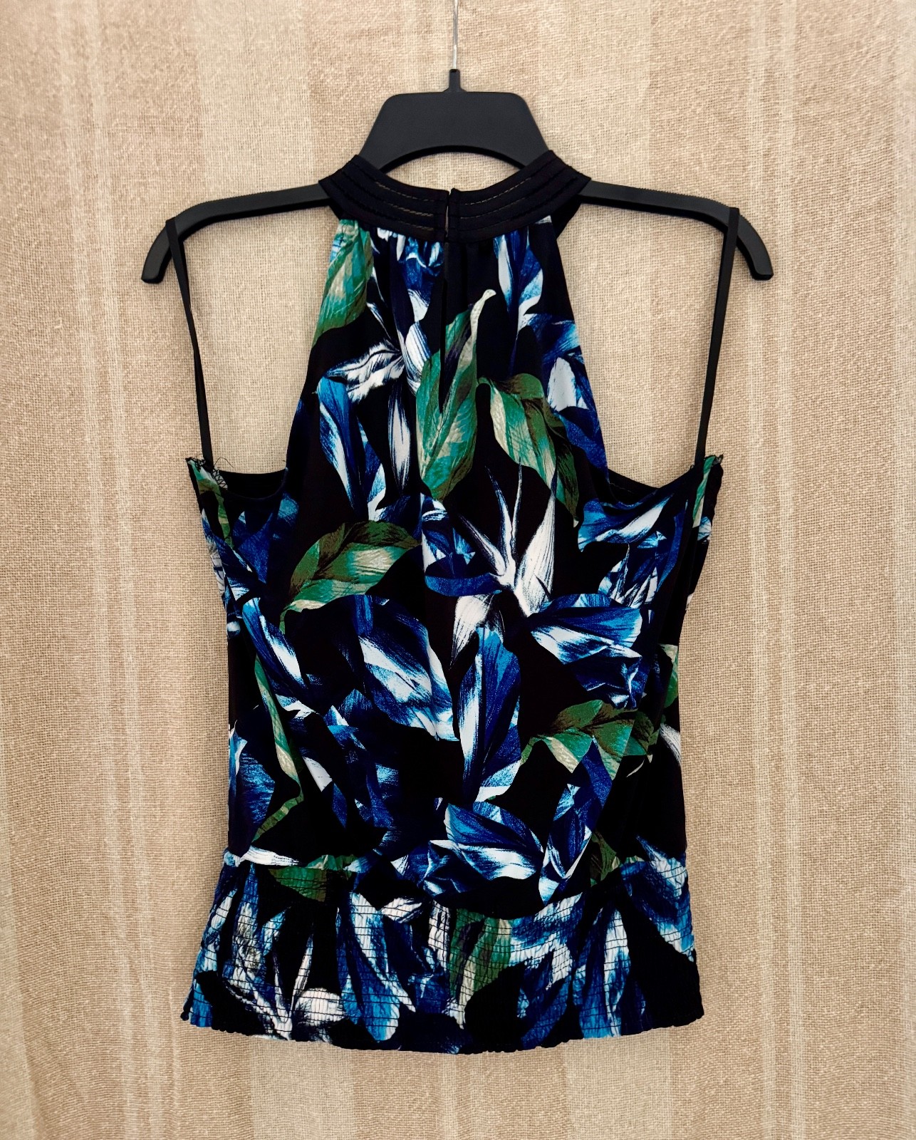 White House Black Market Cross Front Halter Top Elena Leaf Blk Tropical Print SM