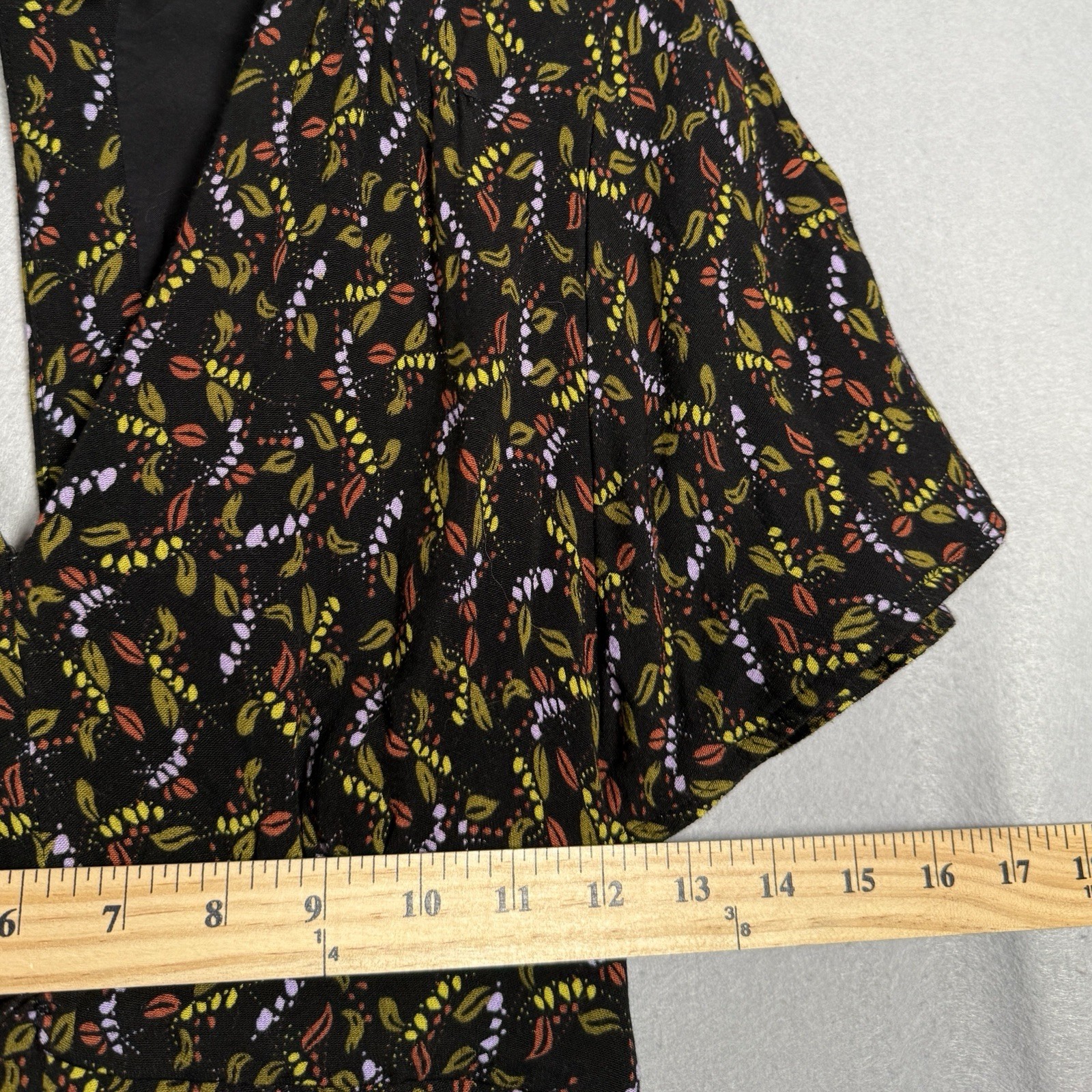 Free People Romper Boho Granola Dark Fairy Black Green Leaf Print Sz 0