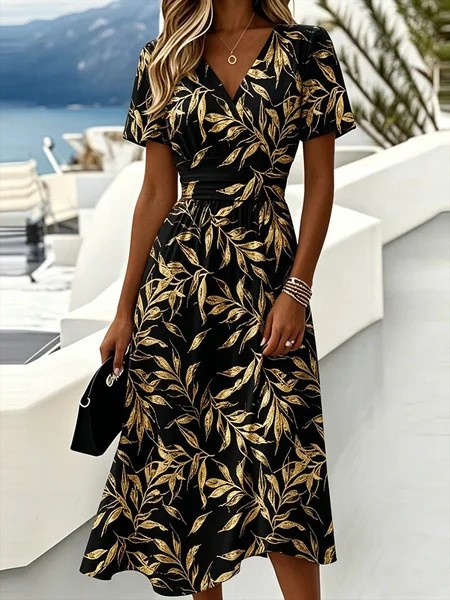 NEW Floral 3D Digital-print V-neck Short-sleeve Dress Sizes S-4XL