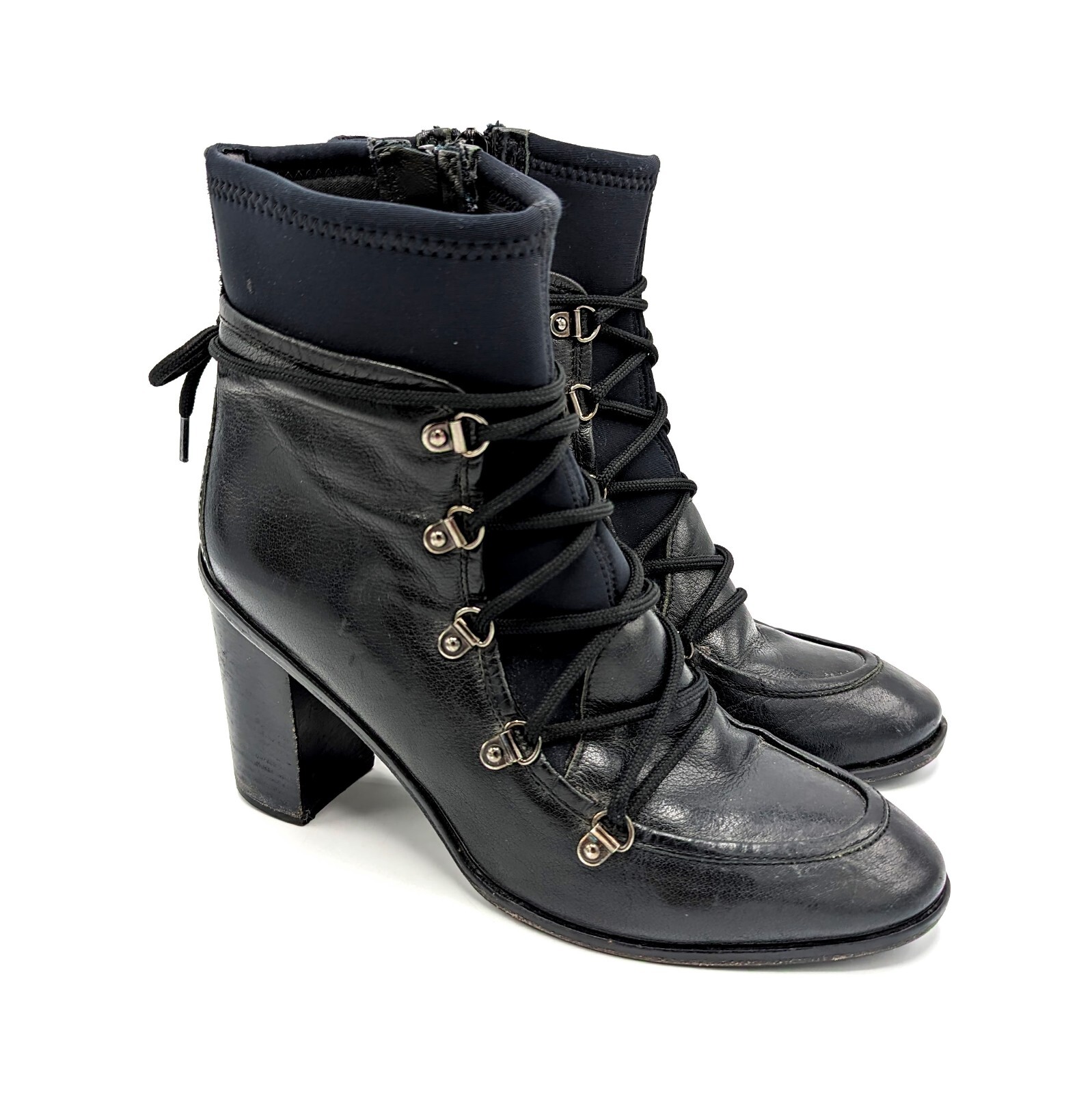 Napoleoni Grannie Black Leather Neoprene Lace-up Witch Granny Booties Sz 9 (39)