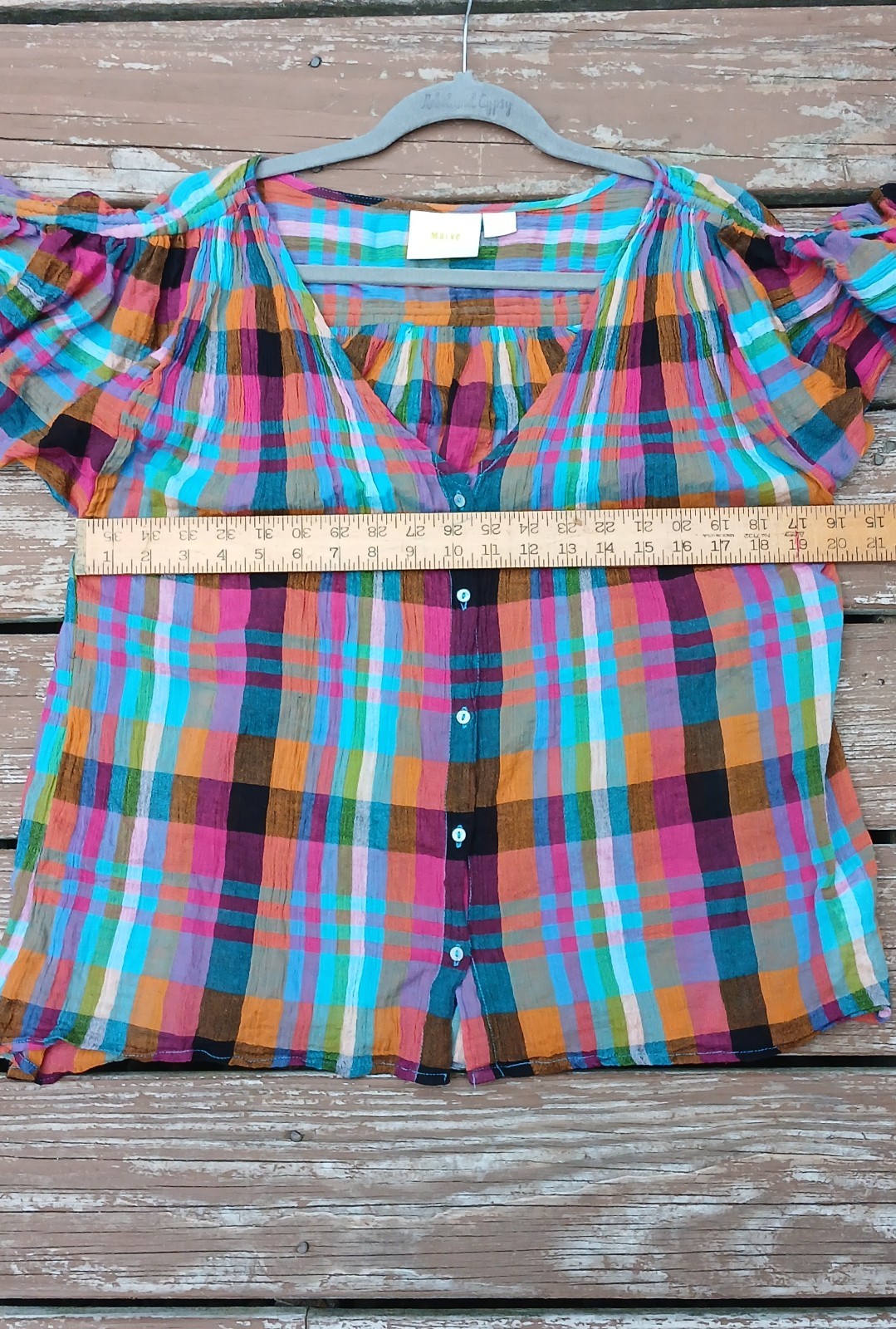 Maeve Anthropologie Multicolor Plaid Check Top Size S Ruched Drawstring Sleeve