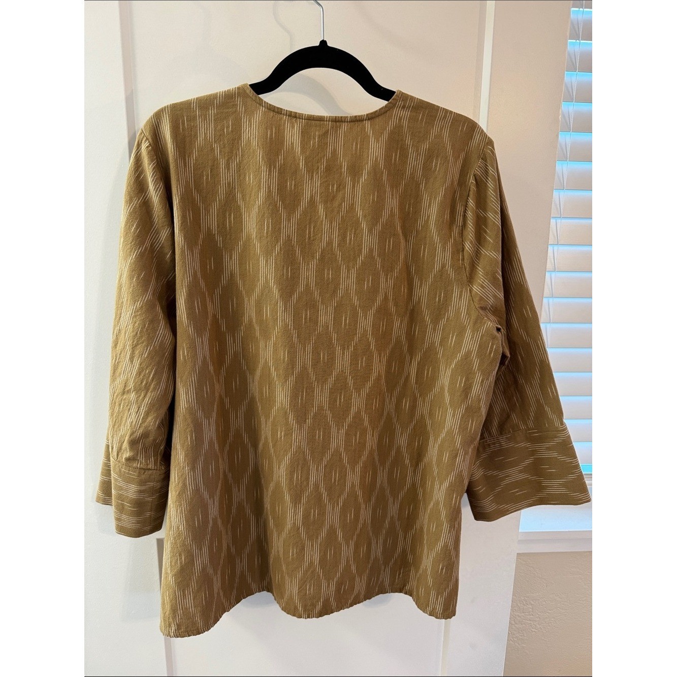 Ikat-Print Olive Split-Neck Relaxed Pullover Tunic with Button
