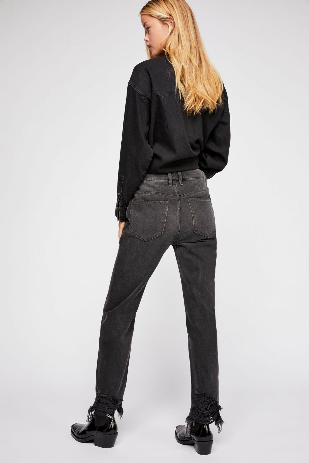 FREE PEOPLE CHEWED UP BLACK STRAIGHT JEANS (WAIST 28 INCHES) RRP £88