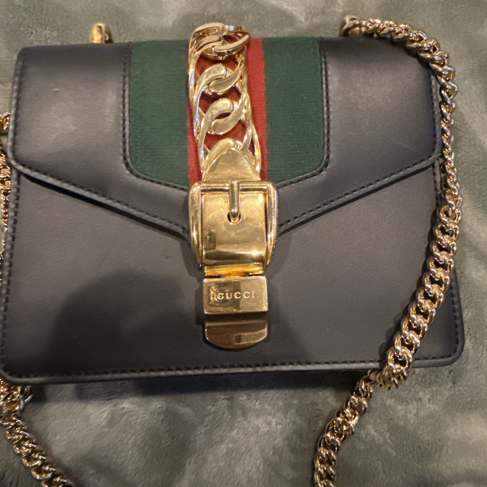 Gucci Sylvie Small Black Leather Web Stripe Gold Chain Shoulder Bag 421882