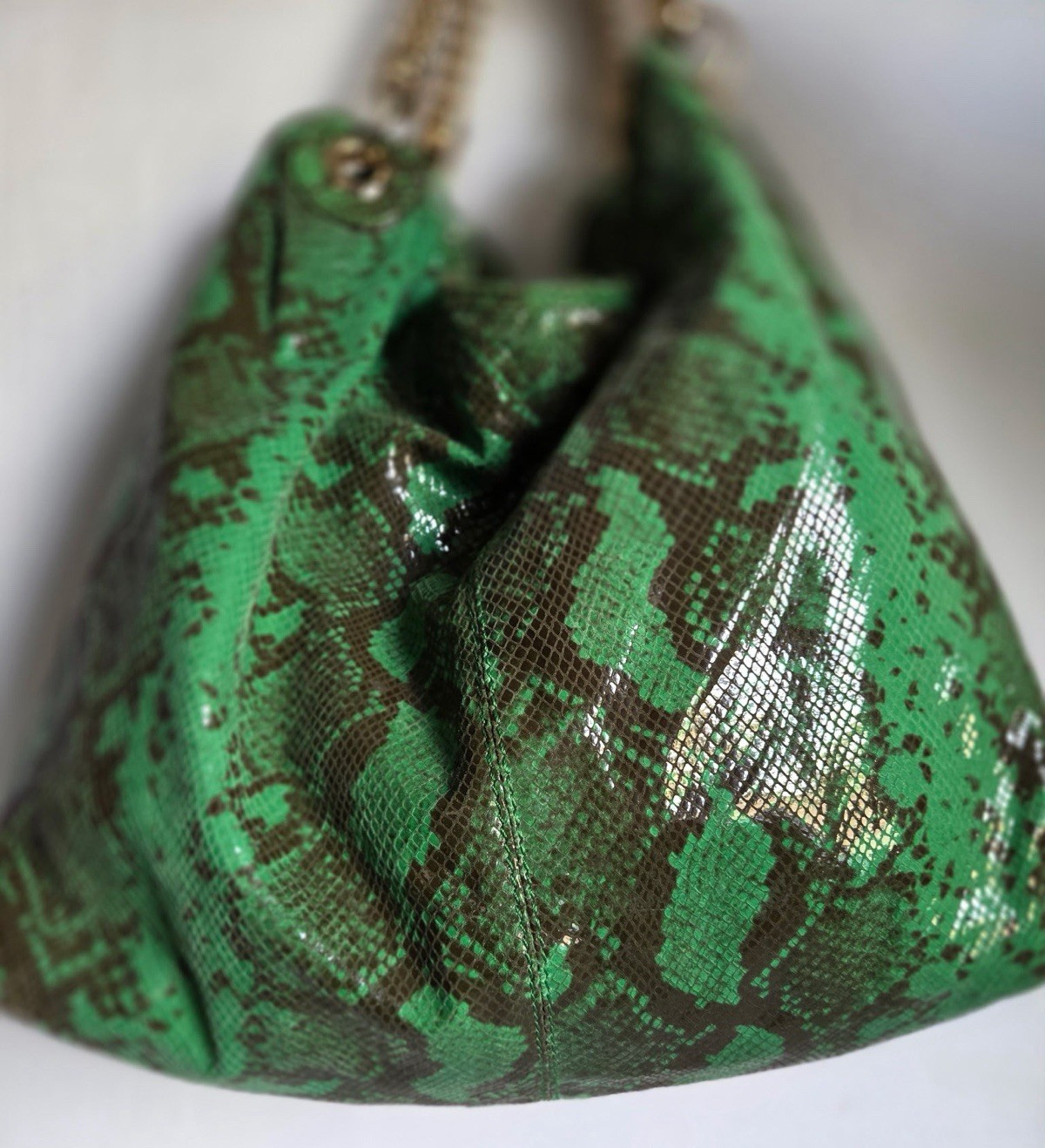 Antonio Melani Green Snake Print Leather Hobo Shoulder Bag Gold Chain Large