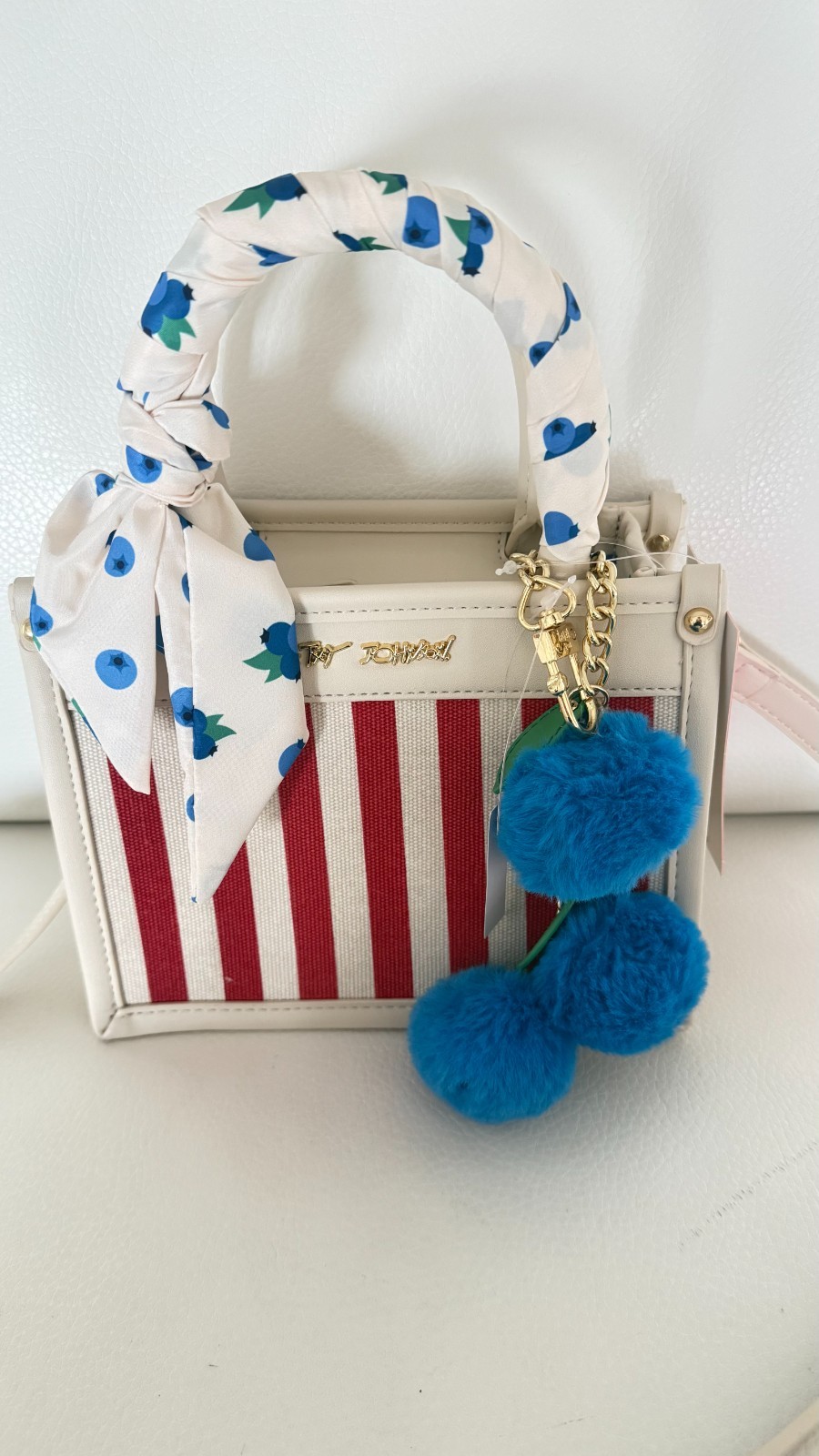 BETSEY JOHNSON XOLUCY SATCHEL CROSSBODY BAG W BLUEBERRY CHARM SCARF RED MULTI