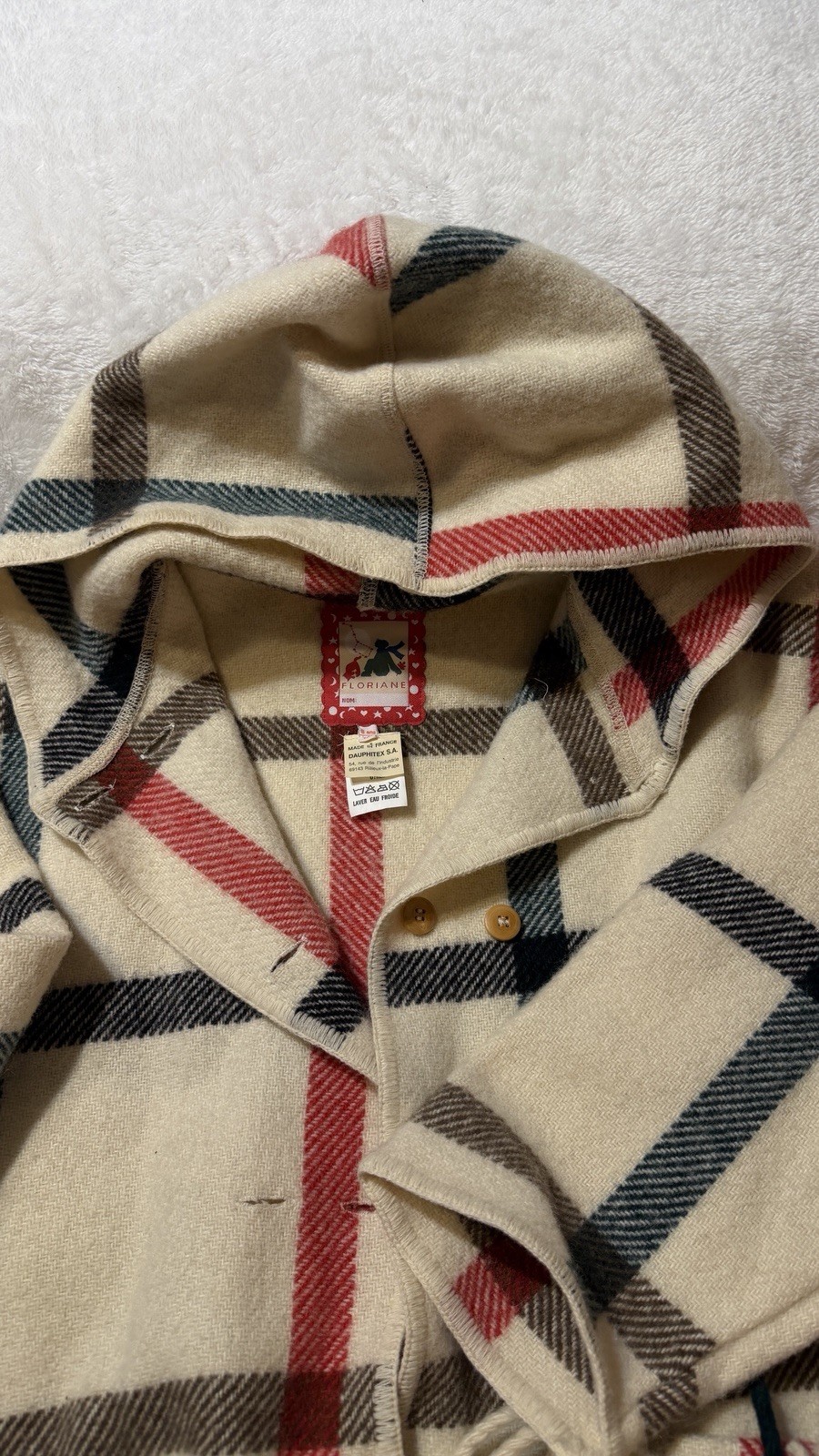 Vintage Floriane France Wool Cape Coat Women XXS XS Plaid Hood Fringe 85% Wool