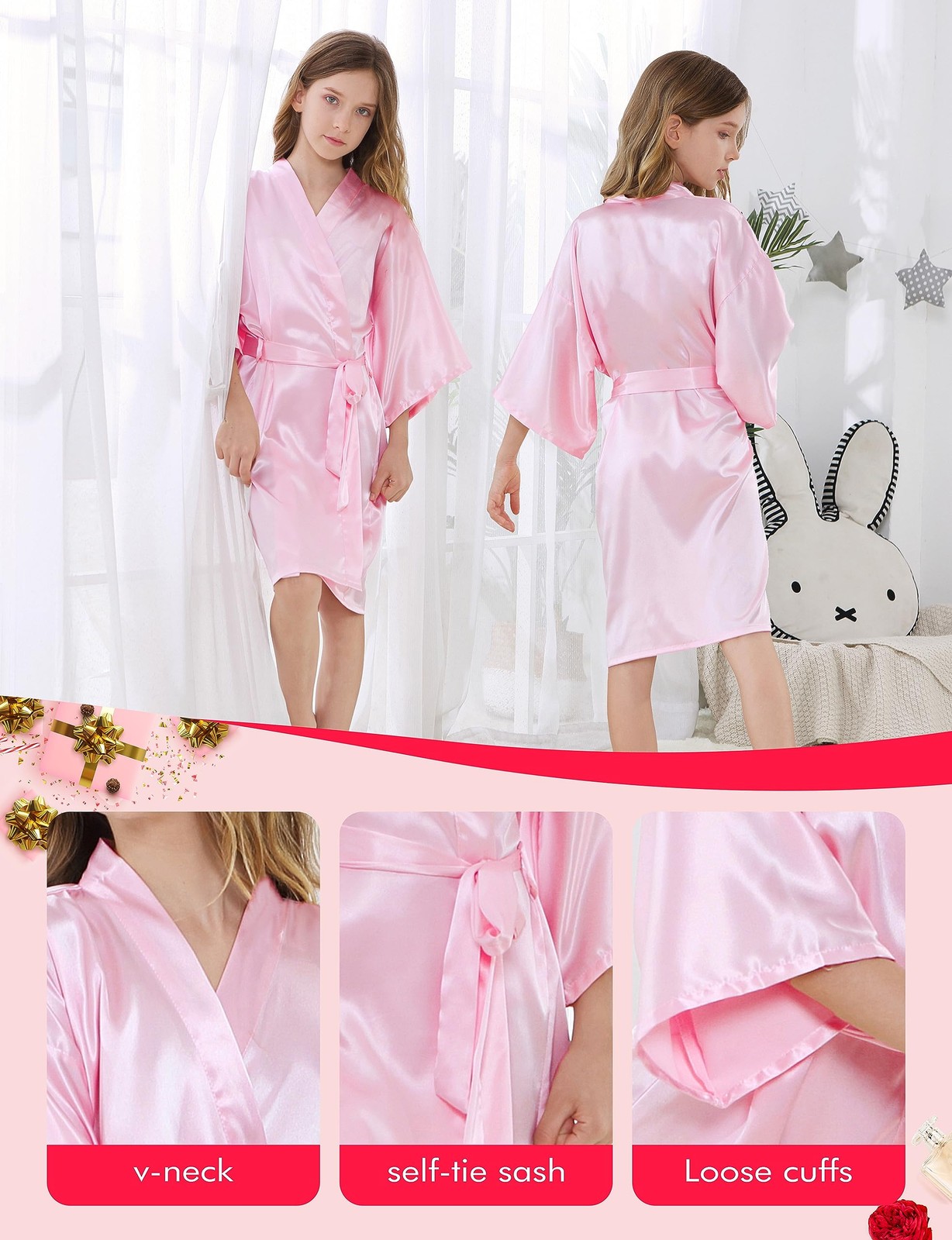 MORFORU 10pcs Girls Kids Solid Color Silky Satin Kimono Robe set for Wedding Spa