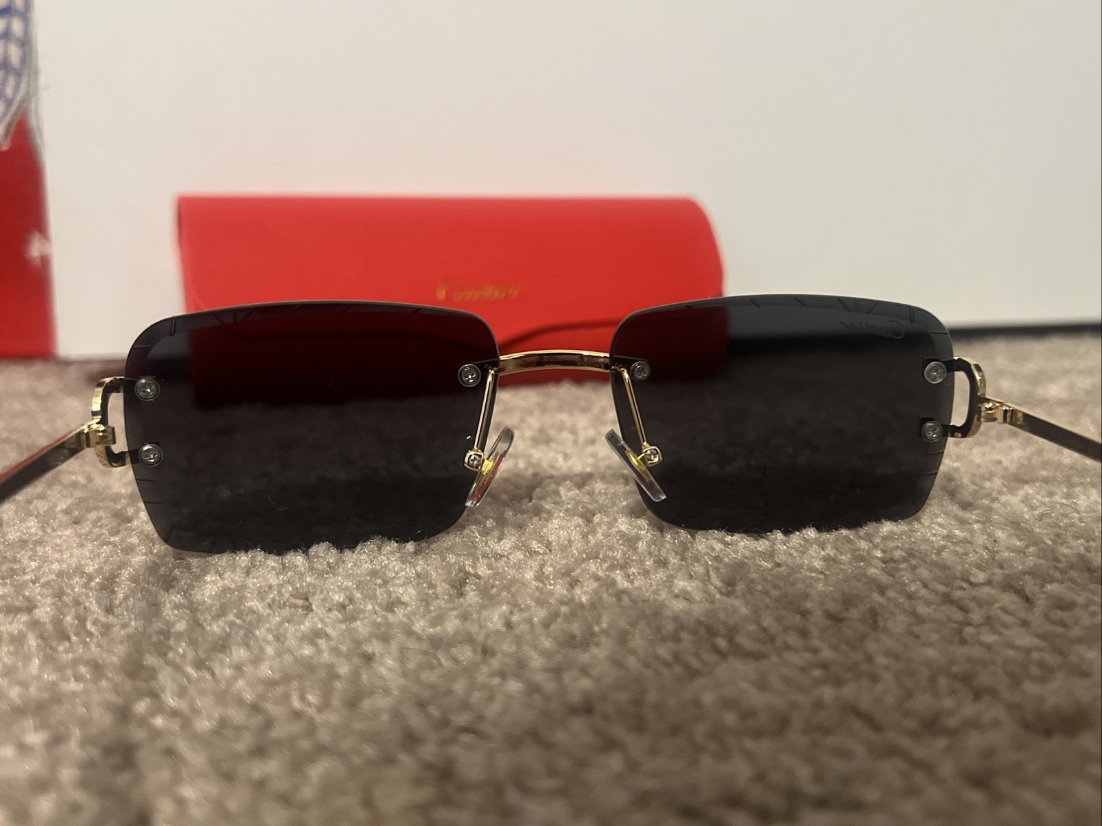 Cartier Big C Diamond Cut Sunglasses Black Lenses W/ Gold Temples! Authentic!