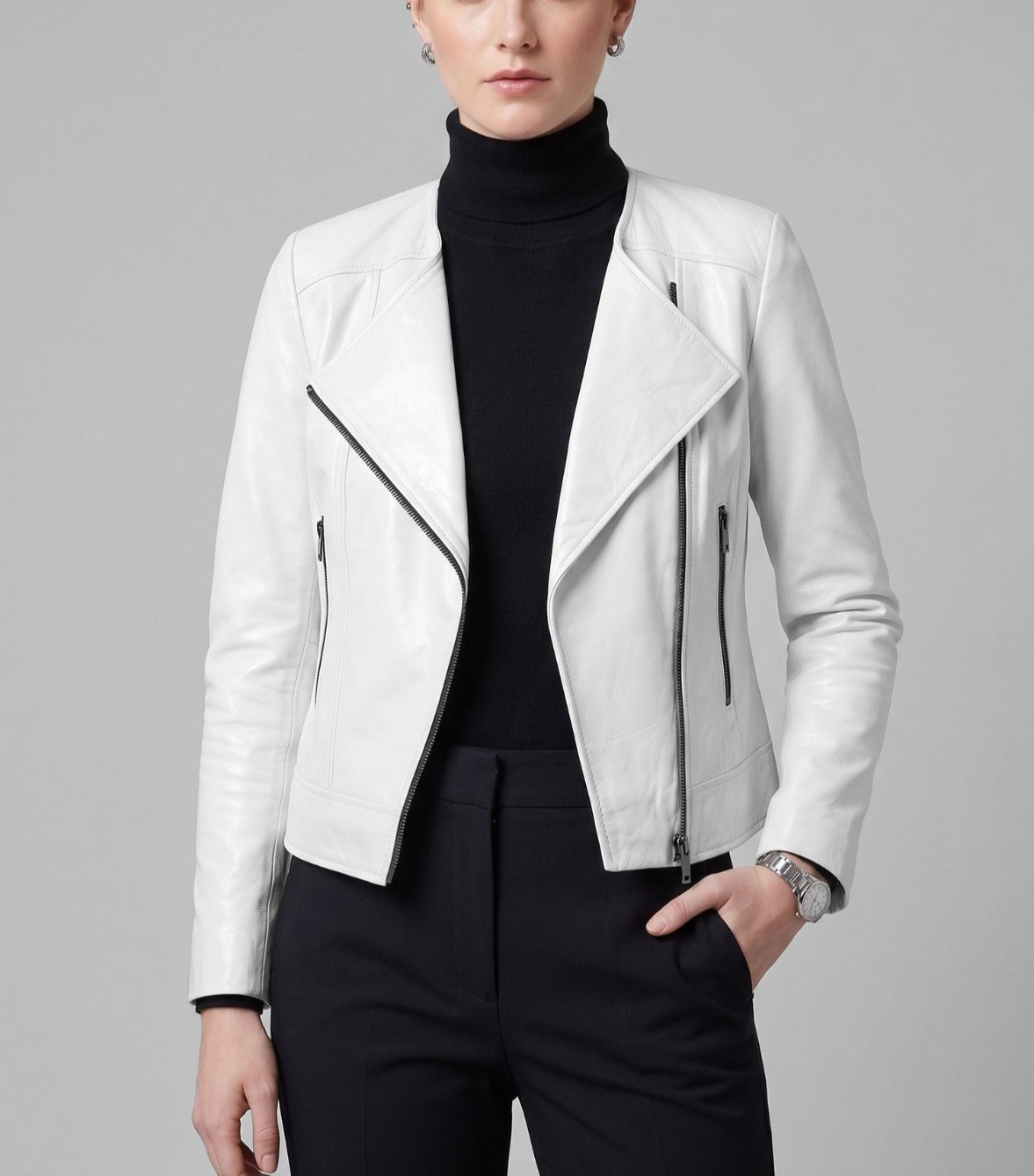 Womens White Real Leather Jacket Asymmetric Collarless Biker Moto Slim Fit Coat