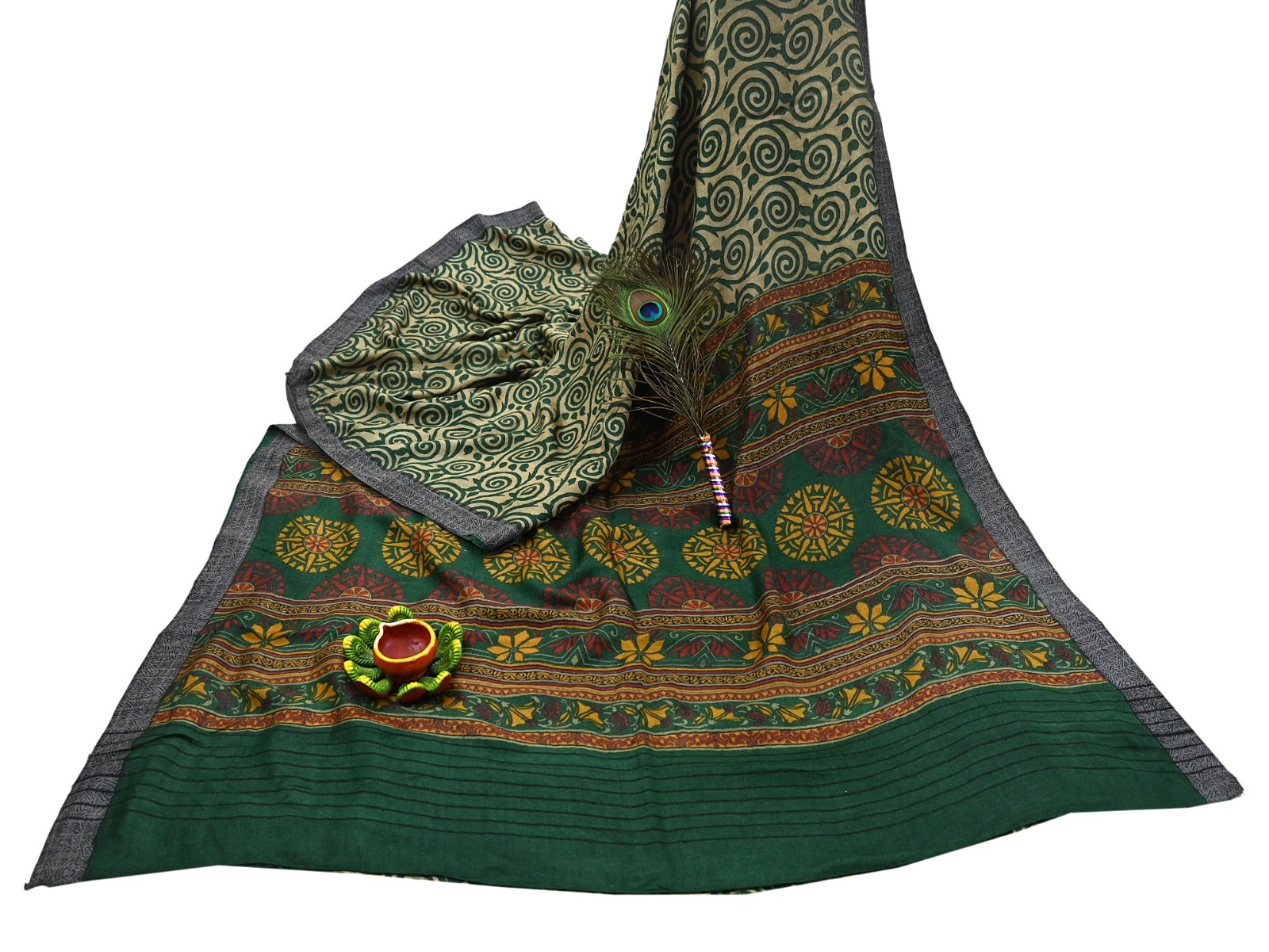 Vintage Beige Green Wool Saree Indian Pure Wool Floral Woven Fabric 6 Yard Soft