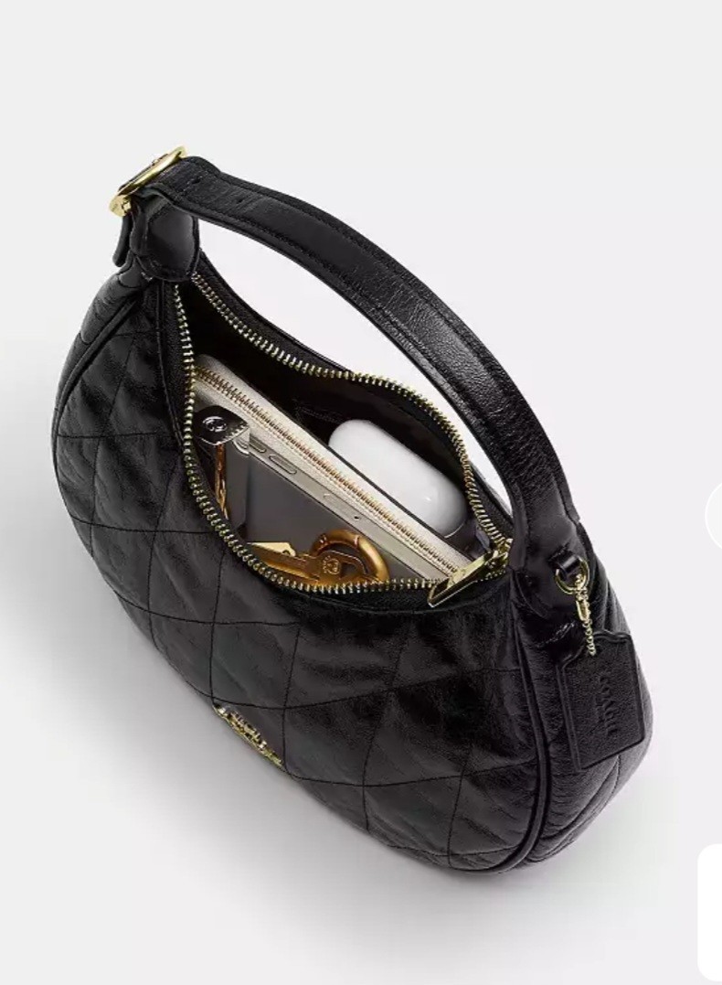 Coach Women’s Mini Crescent Shoulder Bag Black Quilted Zip Adjustable Strap Gold