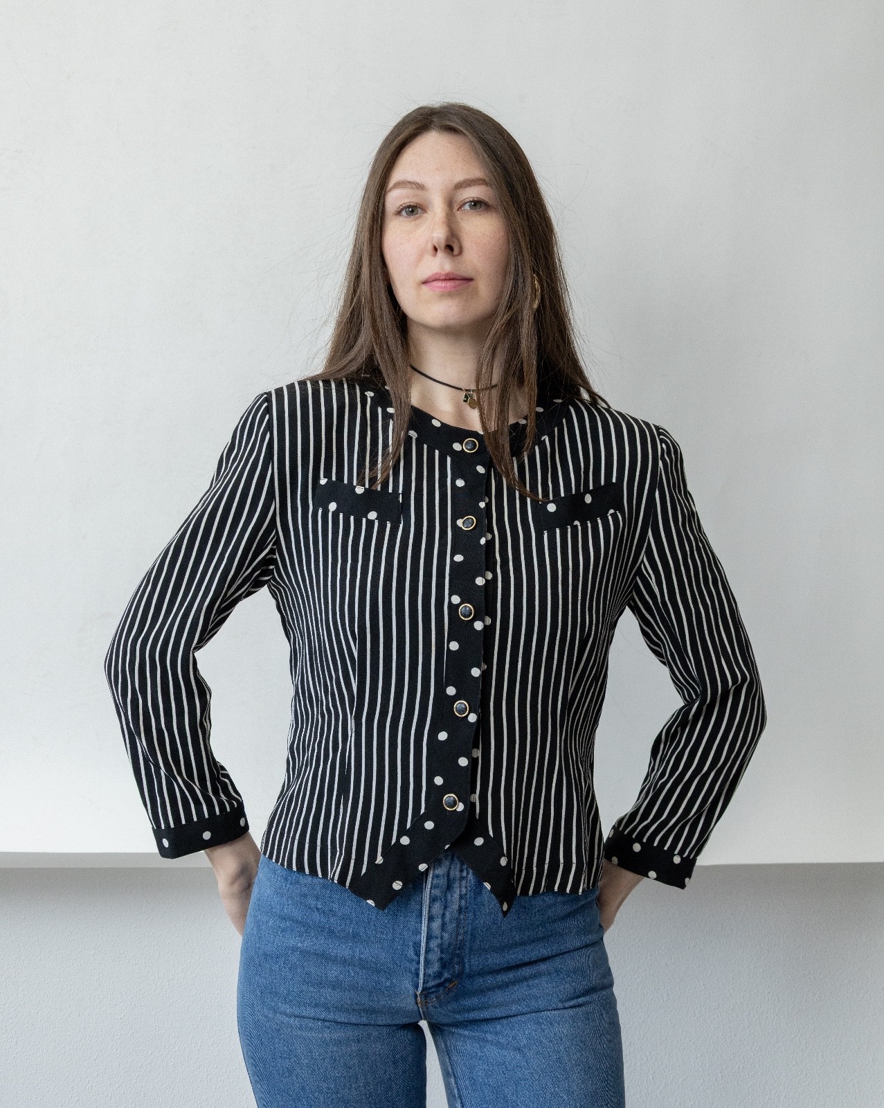Vintage 80s Black White Mixed Print Blouse Stripe Polka Dot Office Siren Womens