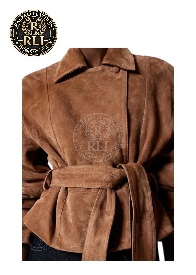Women Genuine Suede Leather Jacket Brown Belted Wrap Western Vintage Coat