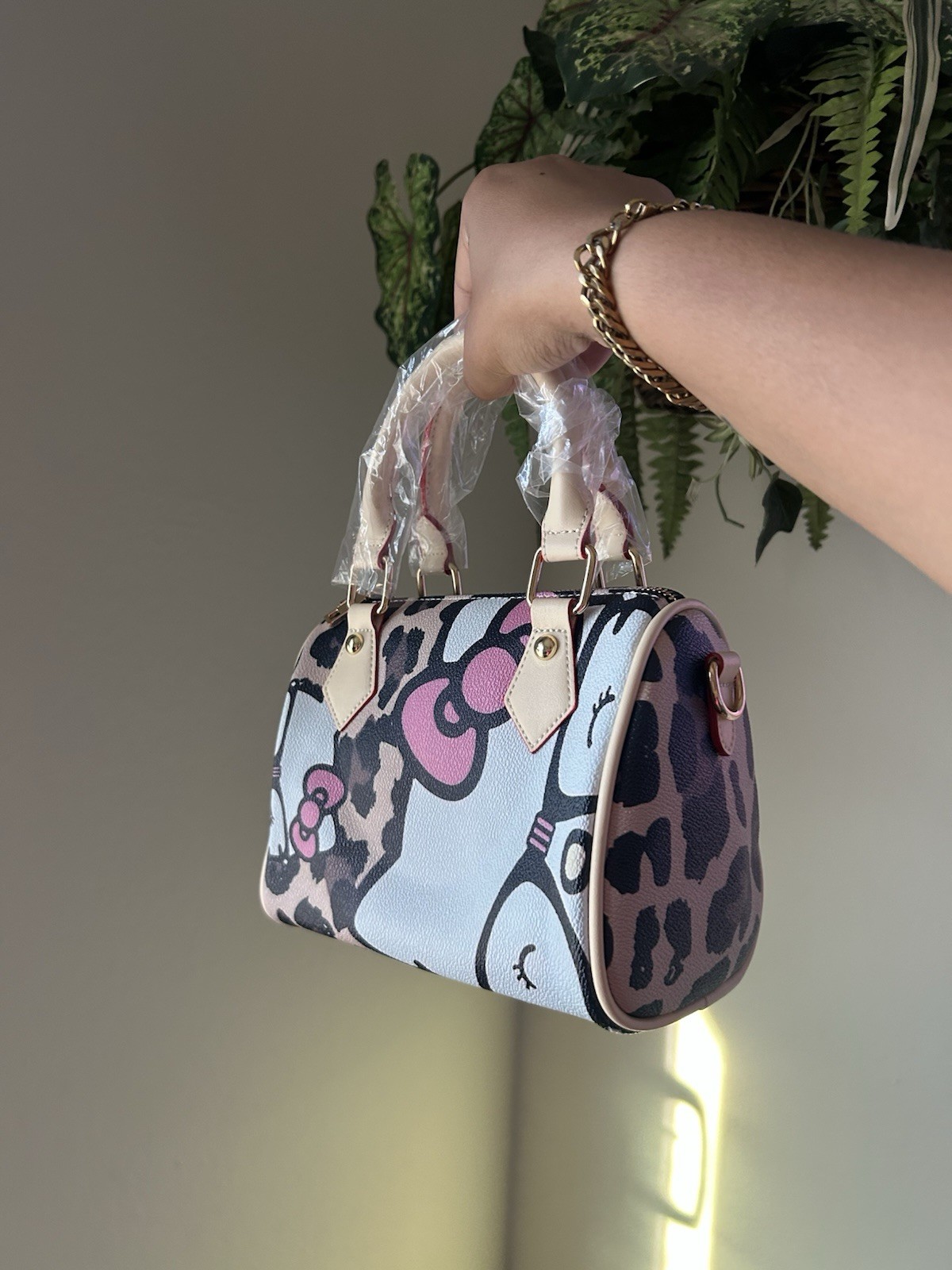 Hello Kitty Leopard Print Satchel Top Handle Bag, Zip, Detachable Strap