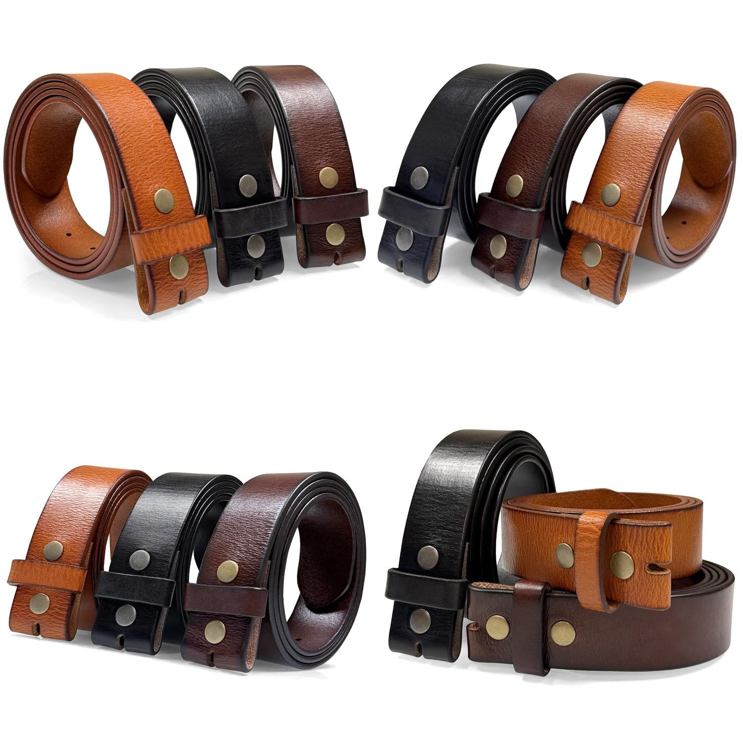 Genuine Full Grain One-Piece 100% Leather Plain Belt Strap with Snaps or Heav…