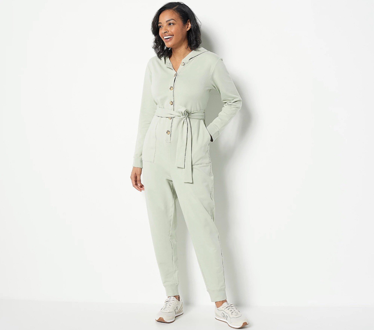 Encore By Idina Menzel Soft French Terry Hooded Jumpsuit Size XL Sage A501284