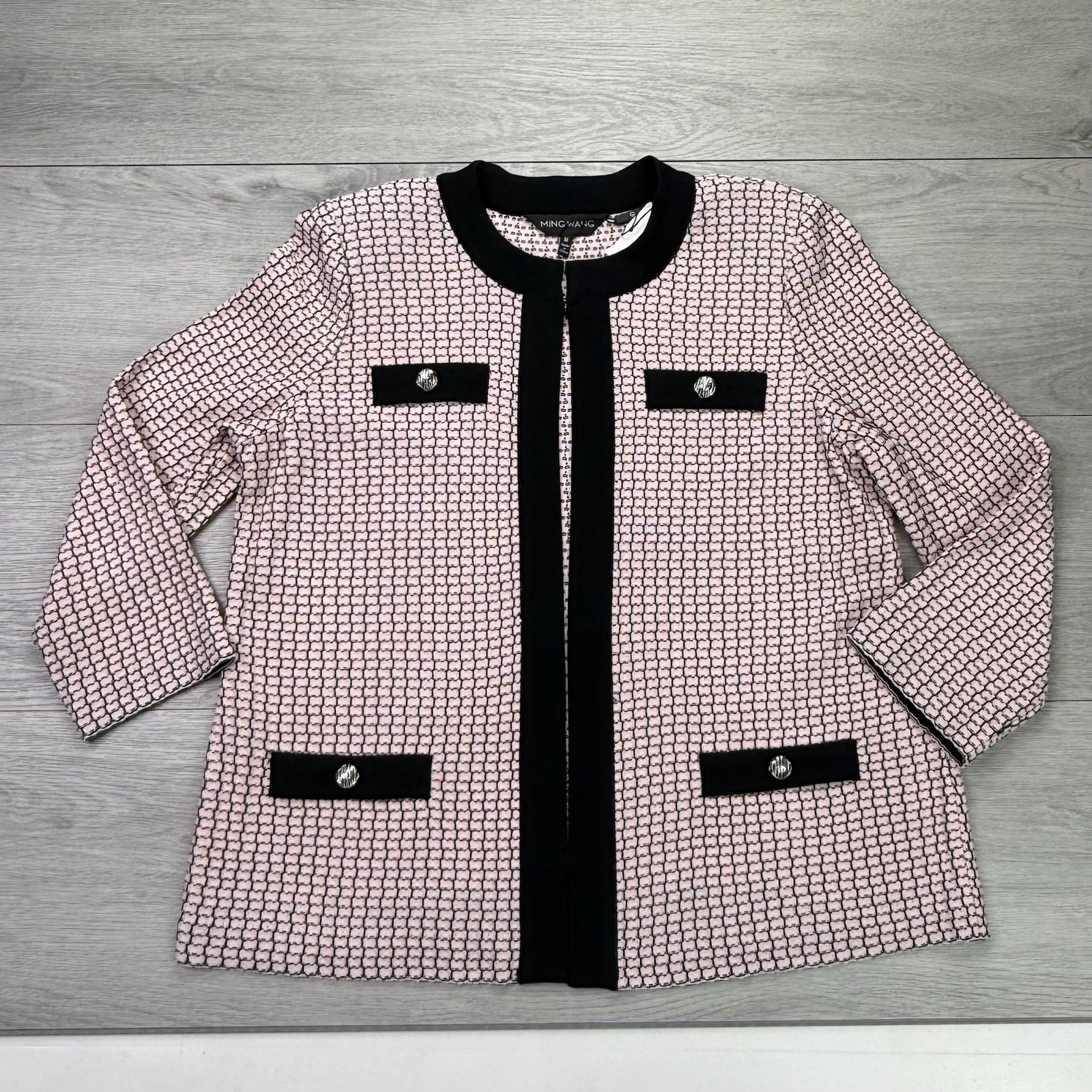 NWT Ming Wang Pale Pink & Black Knit Cardigan Sweater Jacket Top Heritage Fit M