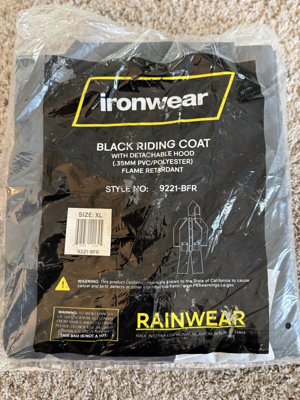 Ironwear Rainwear Men’s Black Hooded Flame Retardant Long Coat XL 9221-BFR