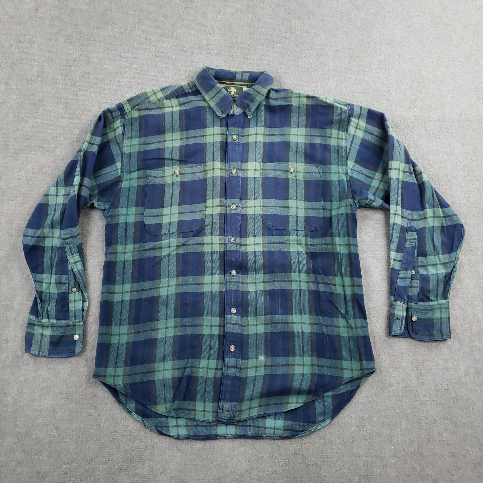 Vtg Duck Head Shirt Men Large Blue Green Plaid Long Sleeve Button Up 100% Cotton