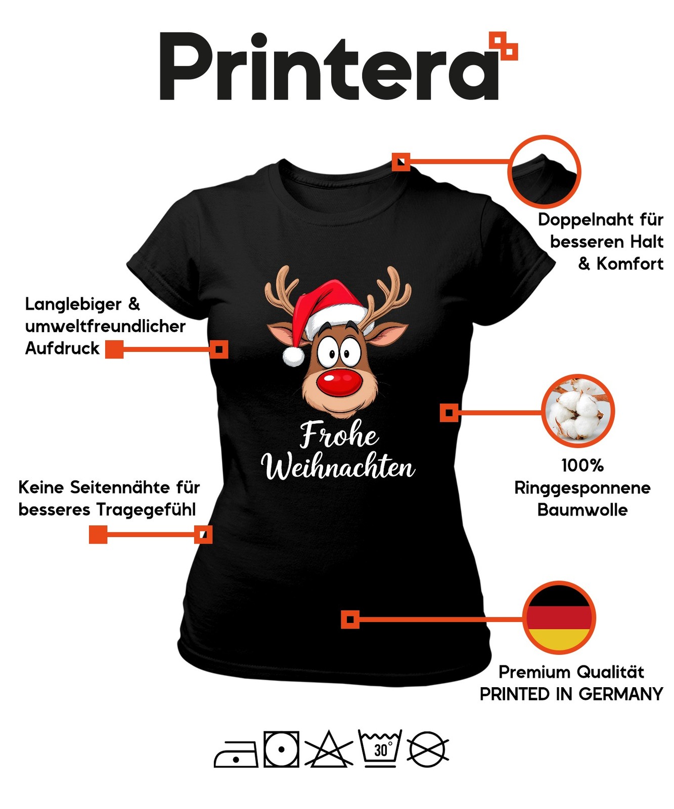 Merry Christmas Reindeer Rudolf Cartoon Cute Funny Gift Ladies T-Shirt