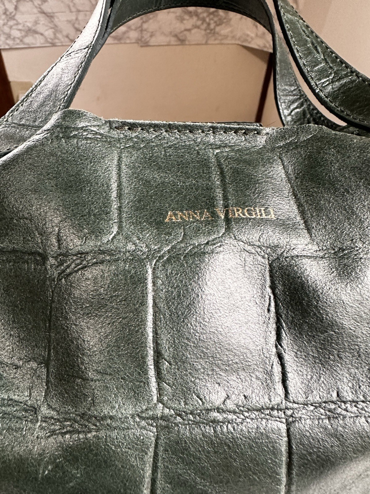 Anna Virgili Italy Green Crocodile Embossed Leather Handbag Shoulder Bag Set