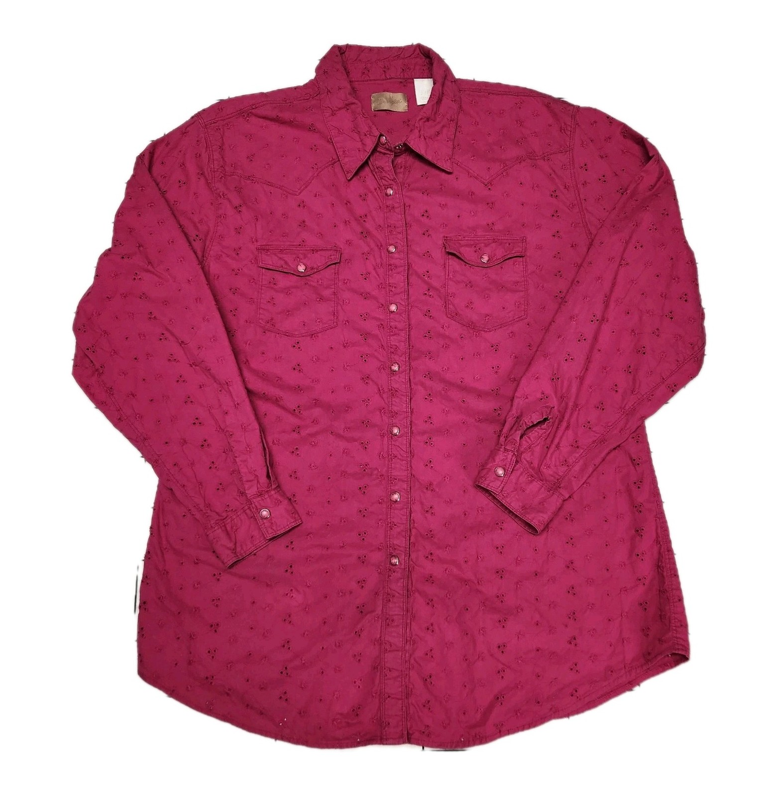 Wrangler Women’s Large Western Snap Shirt Pink Eyelet Embroidered Floral Cotton