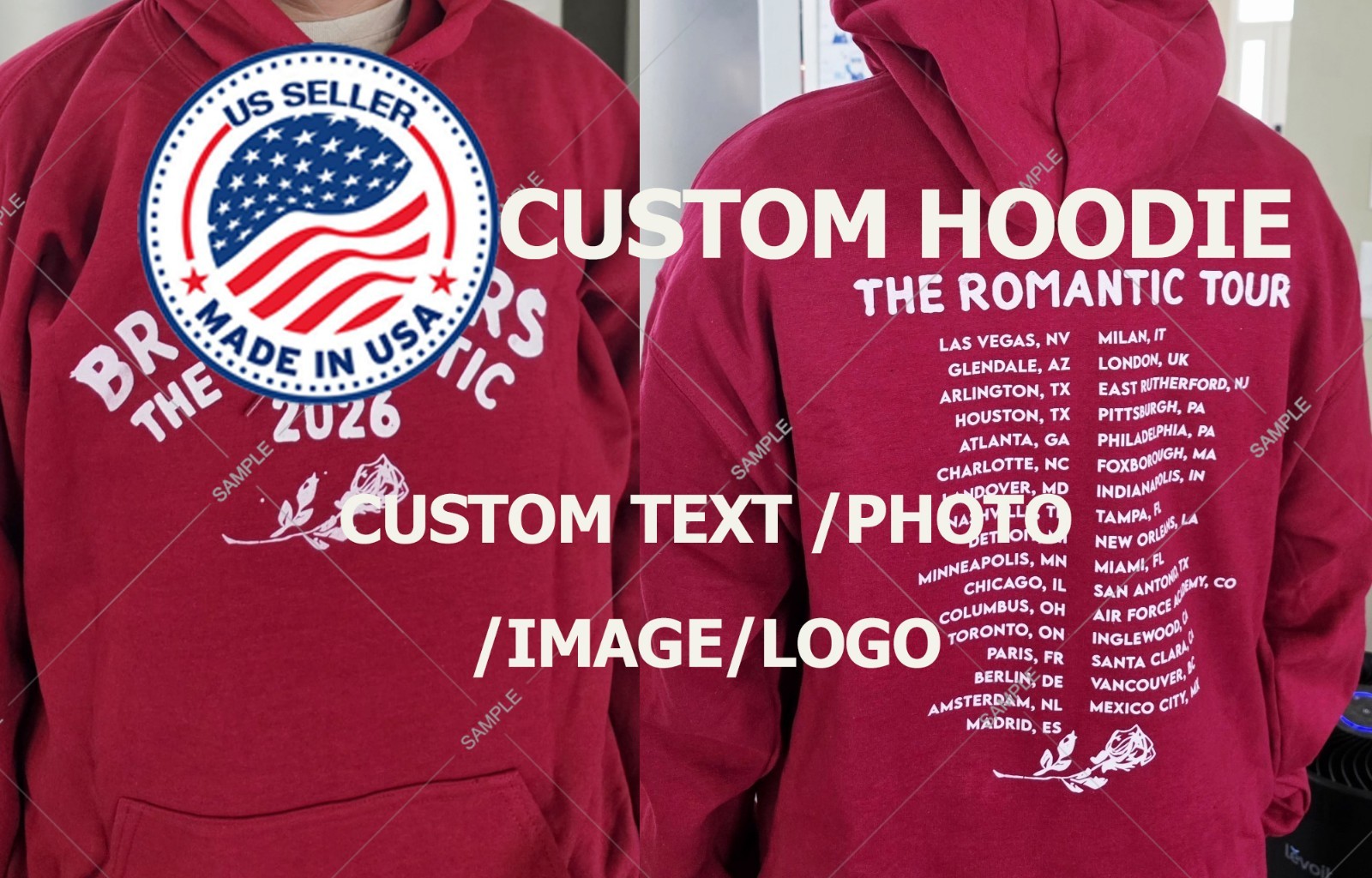 Custom Personalized Hoodie Sweatshirt, Print Your Logo Photo Text Custom Made