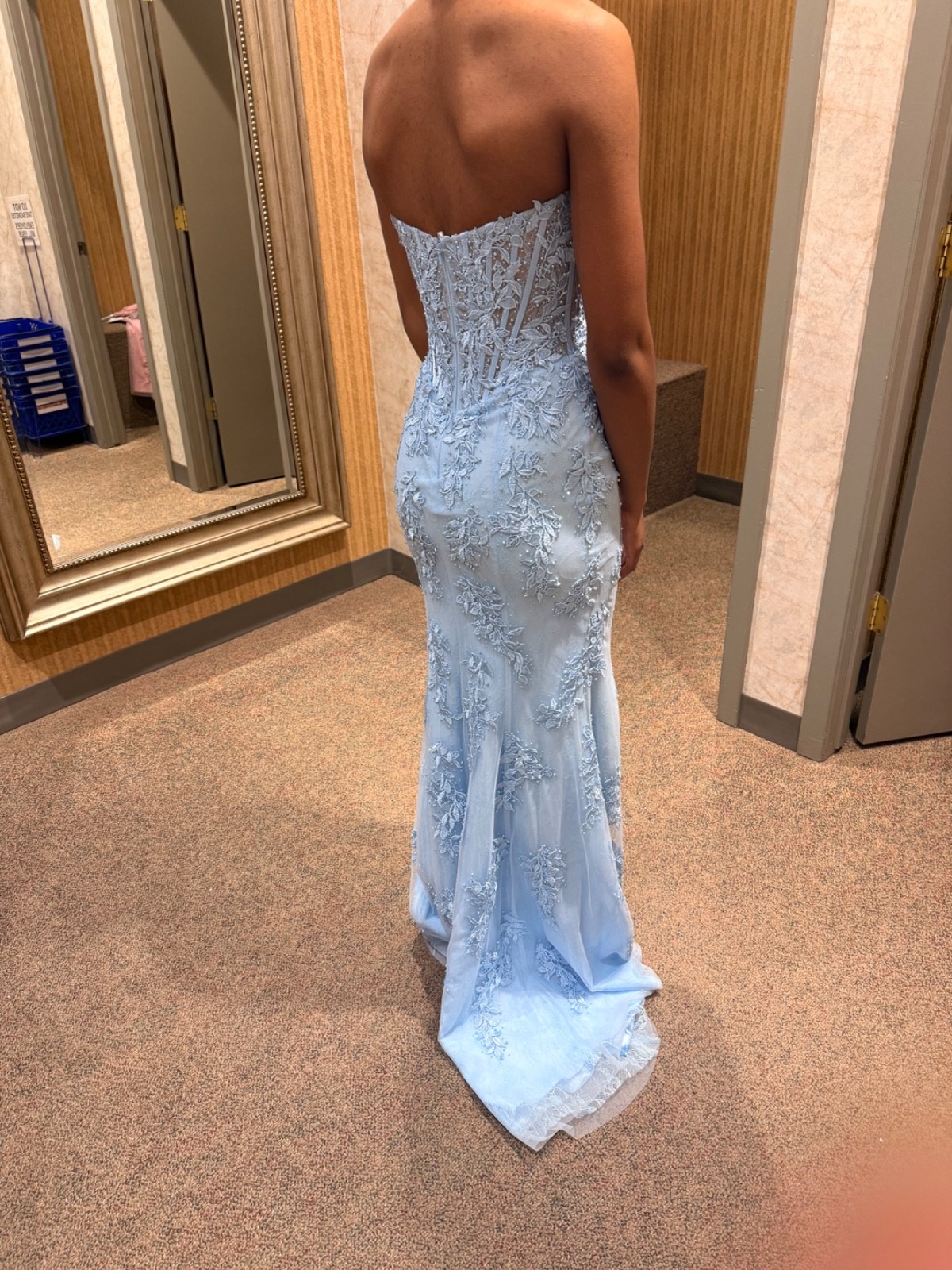 prom dress size 0 sherri hill formal long light blue corset with leg slit